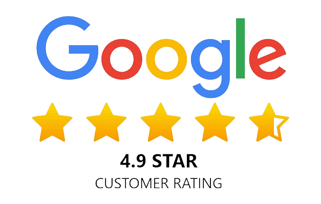 Google logo above a 4.9-star customer rating with five gold stars, with the fifth star partially filled.