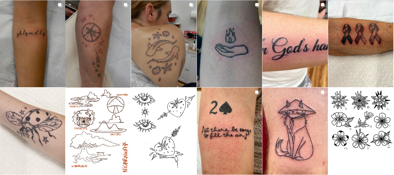 Collection of various tattoos, including a quote tattoo, a star and sun design, a wave and starfish tattoo, a hand with a flame, a script tattoo, a ribbon tattoo, a bee tattoo, and simple flower line art.