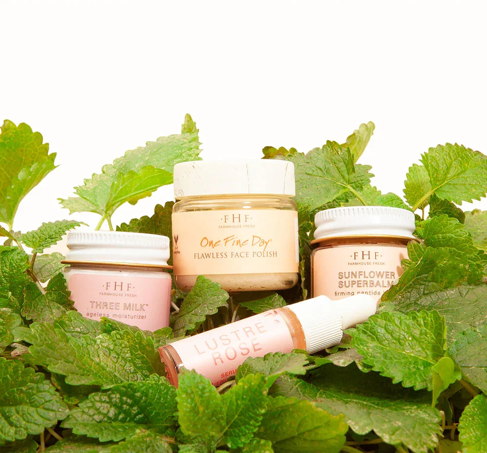four farmhouse fresh products used at Luna Grace Spa in Canon City CO on green leaves