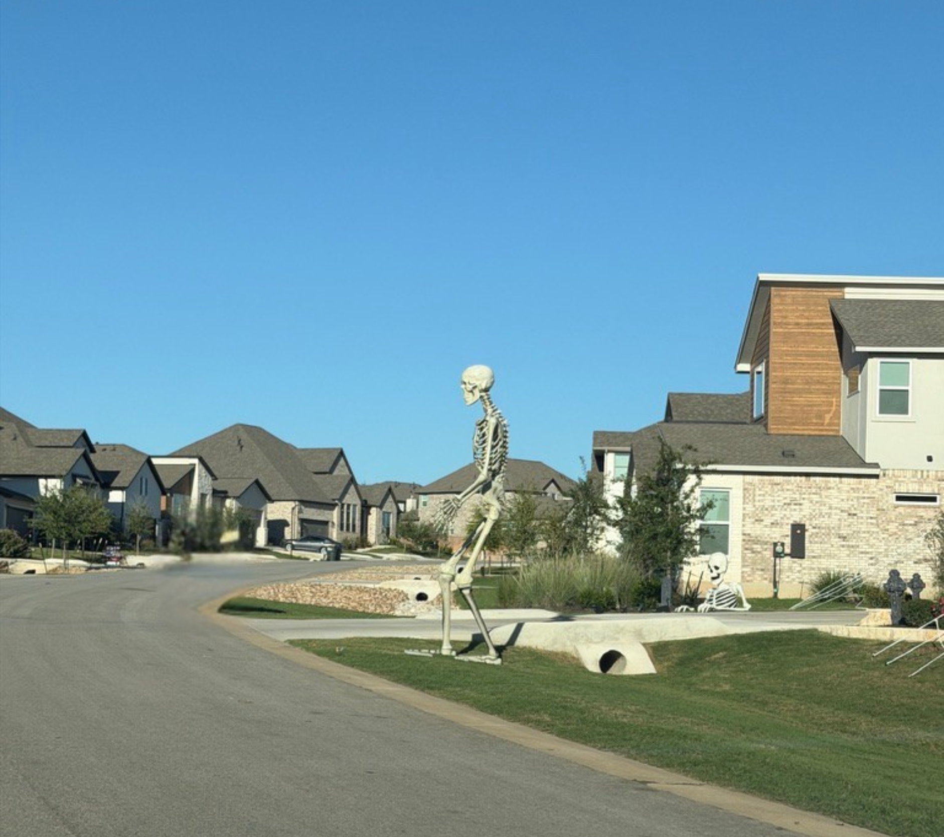 Front yard of a residential neighborhood with skeleton sculptures, one standing and one sitting, under a clear blue sky.