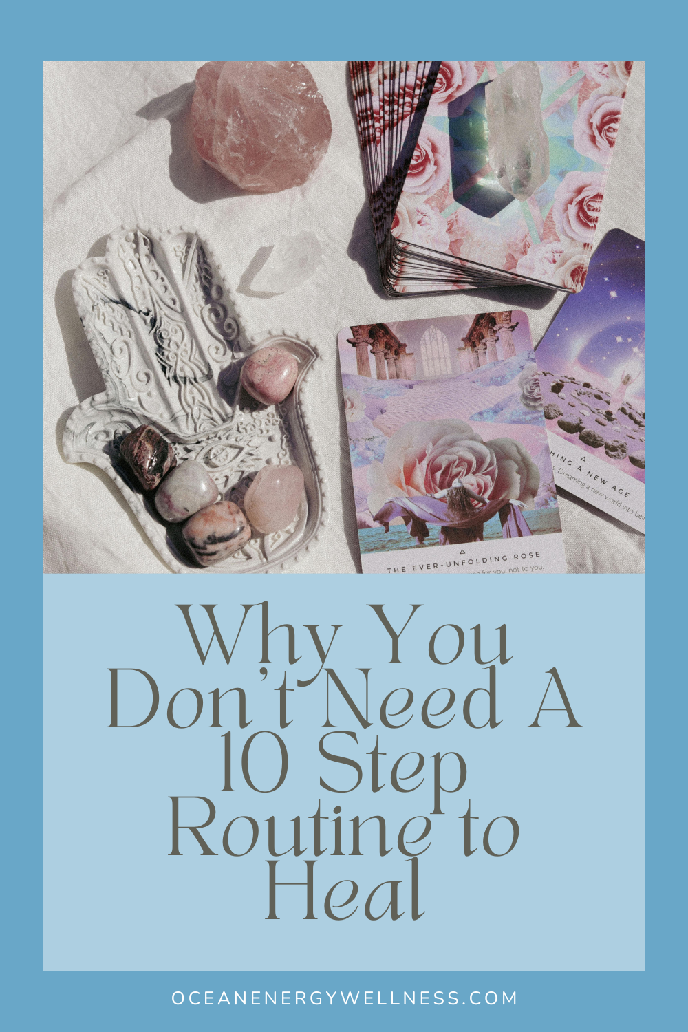 crystals and oracle cards on table to assist in healing