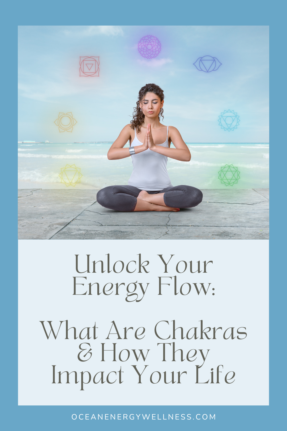 woman meditating with legs crossed and the 7 chakra symbols in her energy field