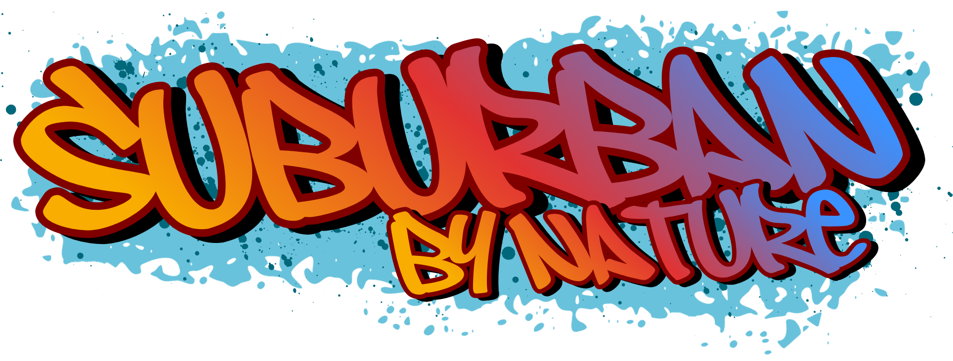 Colorful graffiti-style text saying 'SUBURBAN BY NATURE' with blue splatter background.