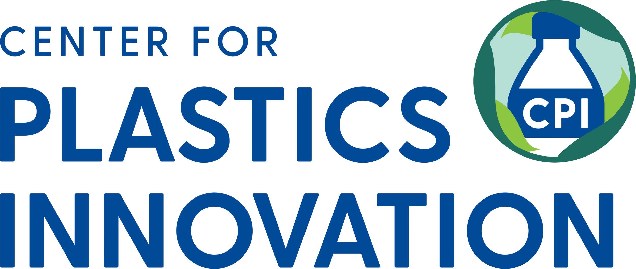 Logo for Center for Plastics Innovation with a globe and plastic bottle with CPI inside