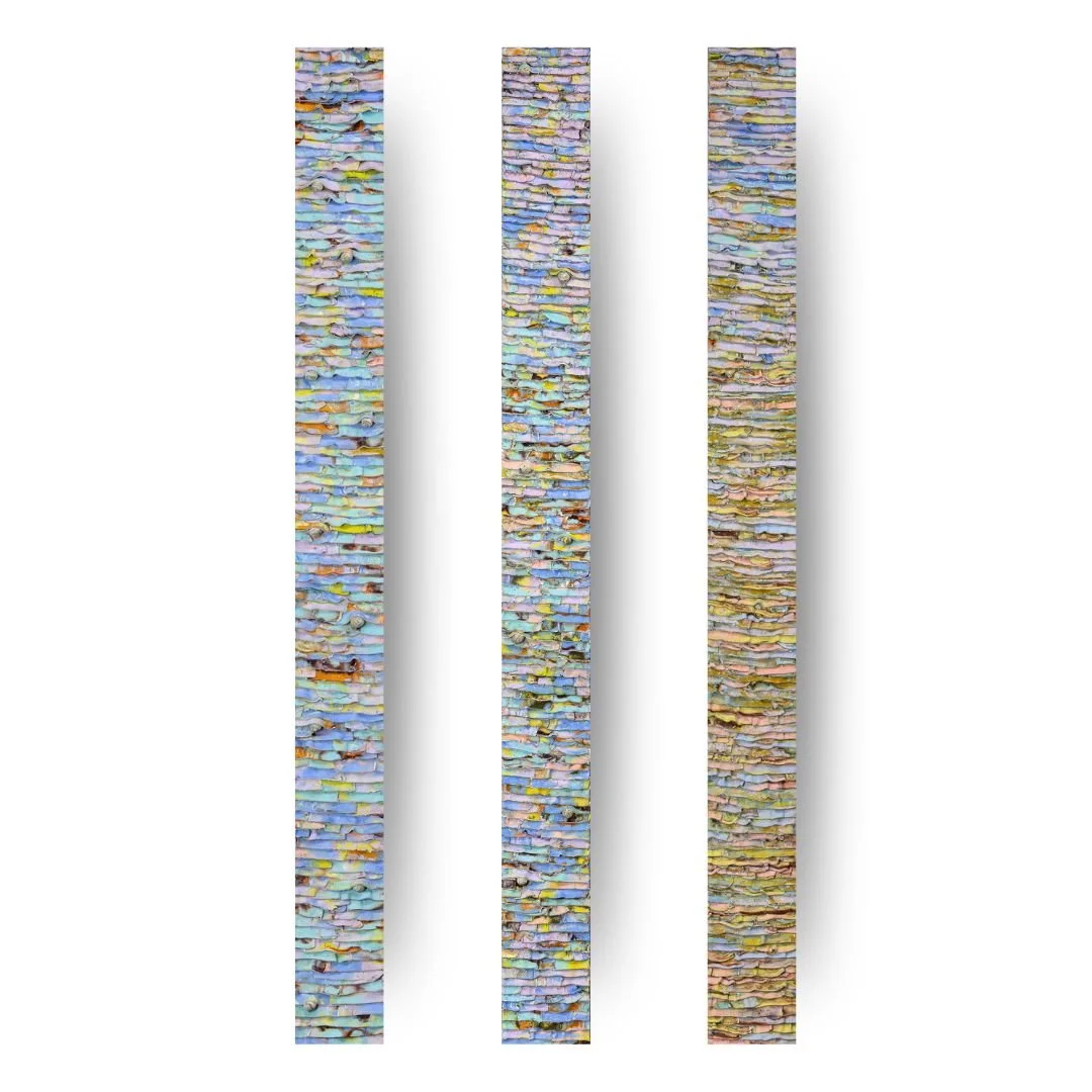 Morrowlight. Apricity. Brume. Sold separately. Oil and Cold Wax on Birch. 5"x60" each.  Christine Klassen Gallery
