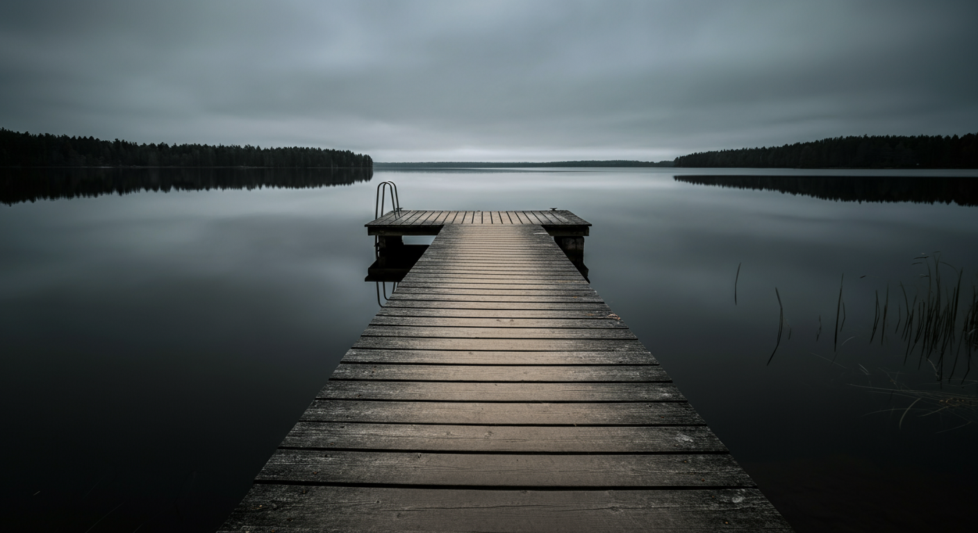 A wooden dock extends into a calm, reflective lake under a cloudy, overcast sky.