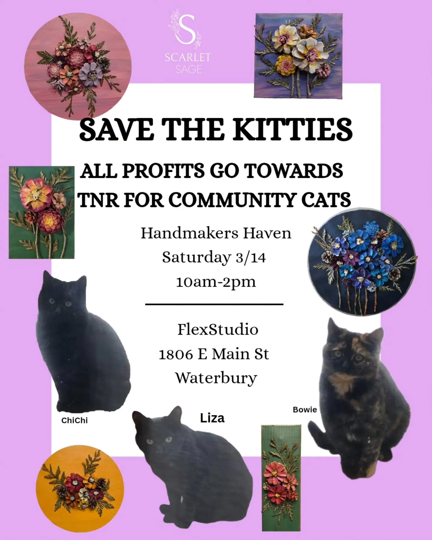 Come buy some art this Saturday to support the kitties ❤️ Mama Liza and her 2 babies Bowie and Chichi.. Proceeds go towards trapping, vaccination, neuter/spay, recovery and release. 💘

Handmakers Haven Craft fair at Flexstudio in Waterbury!