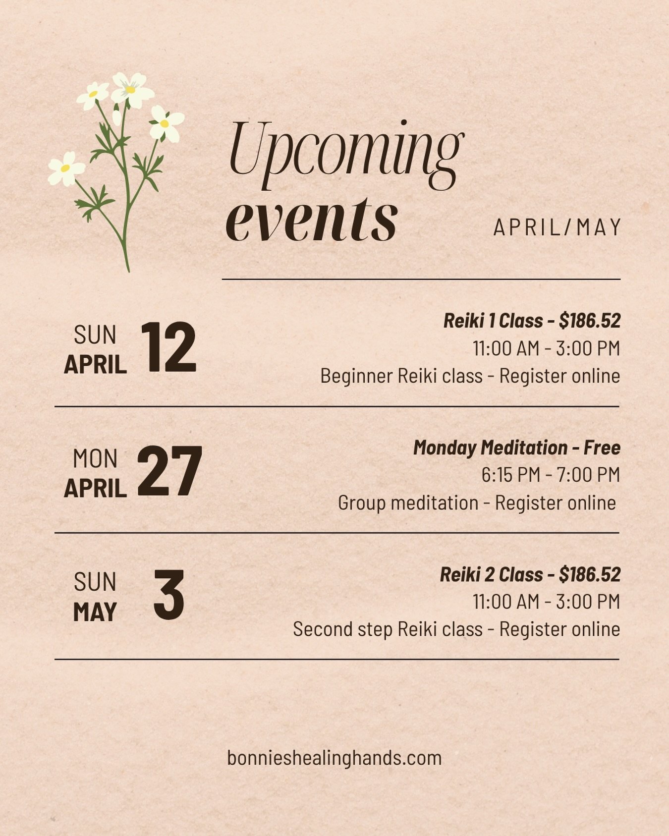 A few upcoming ways to slow down, reset, and connect 🤍
Whether you&rsquo;re looking to begin your Reiki journey or simply take time for yourself, I have a few beautiful offerings coming up at Bonnie&rsquo;s Healing Hands 
✨Please pre-register for al