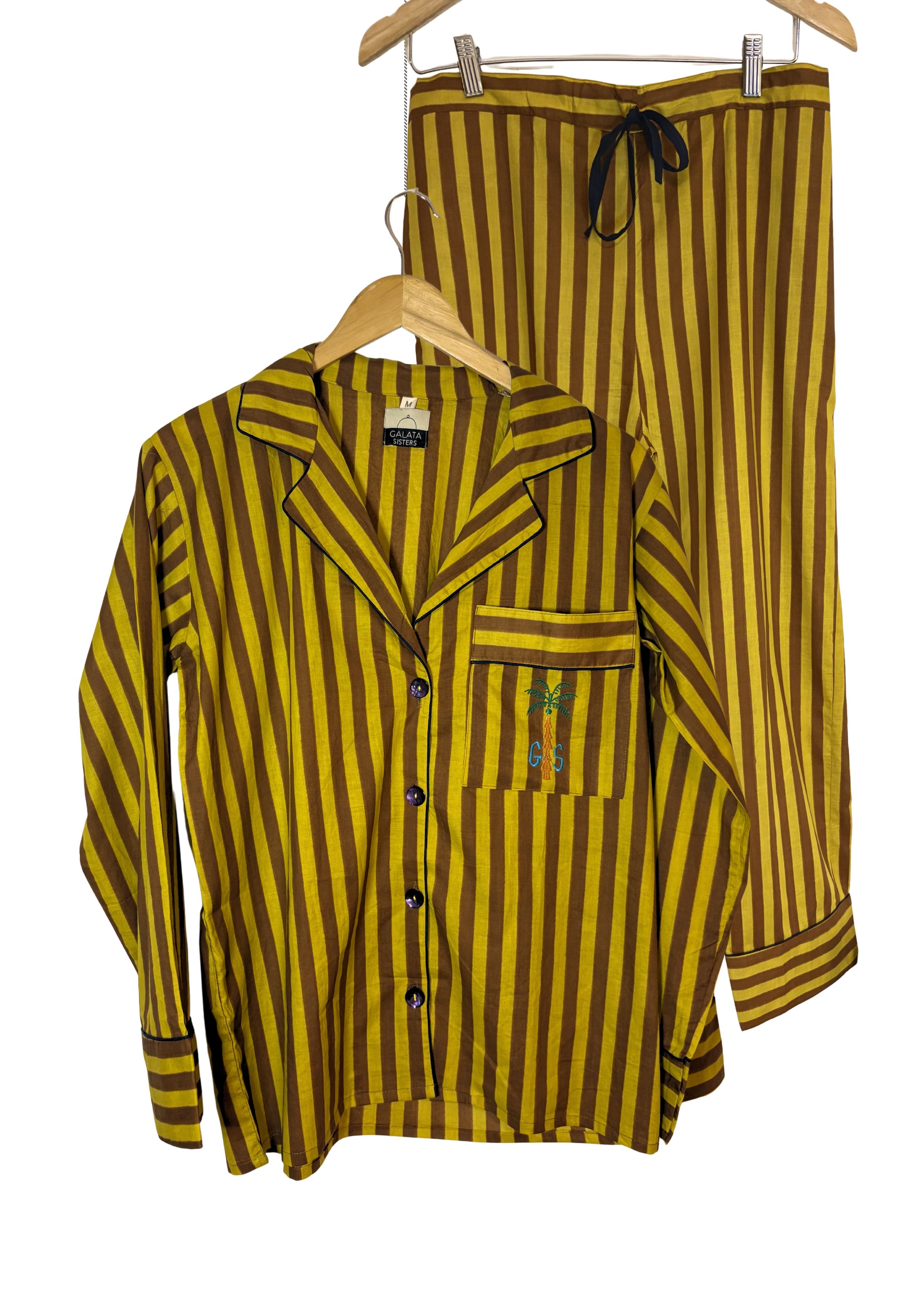 PIJAMA LARGO MUJER RAYAS MOSTAZA Y MARRÓN