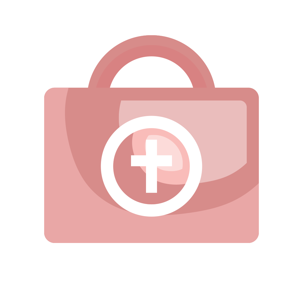 Pink first aid kit with white cross and medical symbol, simple flat design.