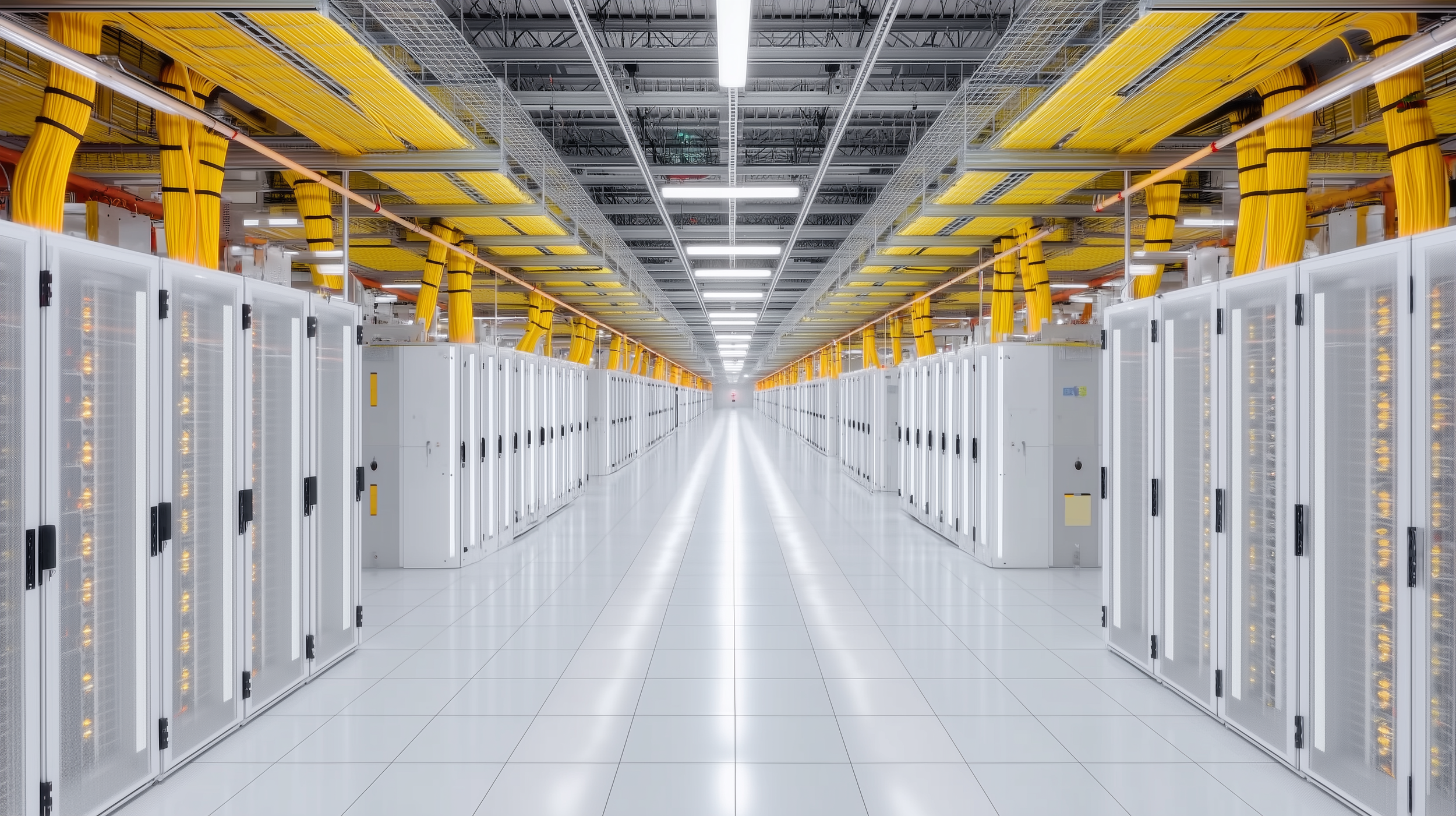 Ein leerer Gang in einem Rechenzentrum mit weißen Serverschränken auf beiden Seiten und einem gelben Kabelmanagement darüber, hell erleuchtet von der Deckenbeleuchtung.