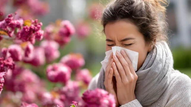 A woman sneezing into a tissue outdoors near pink flowers.
