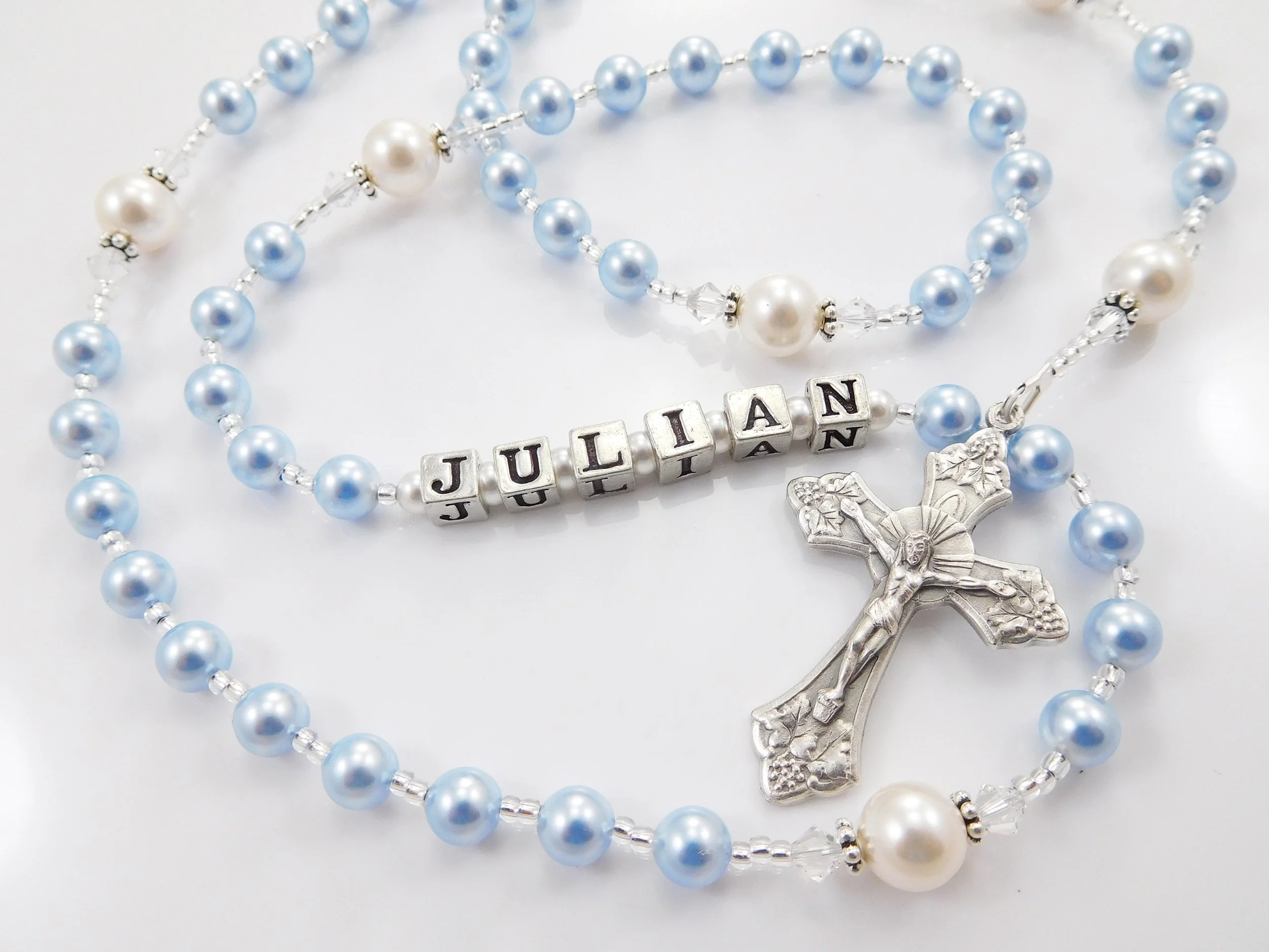 Blue and white rosary for a boy baptism first communion christening bridal rosary personalized (2).jpg