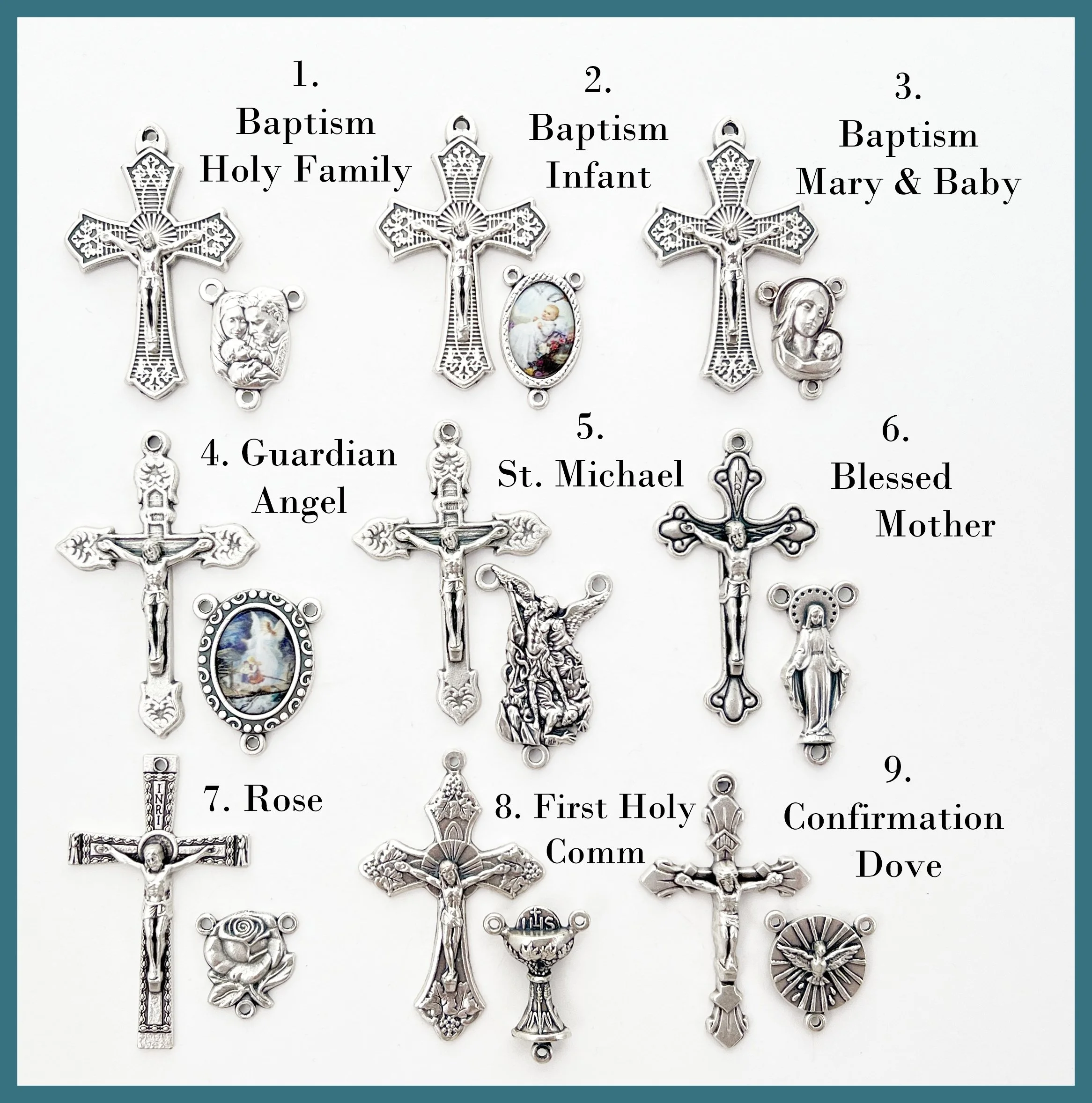 Collection of religious medals, each featuring a cross with Jesus on it, and various other religious figures and symbols, arranged in rows with labels indicating different types of sacramental medals.