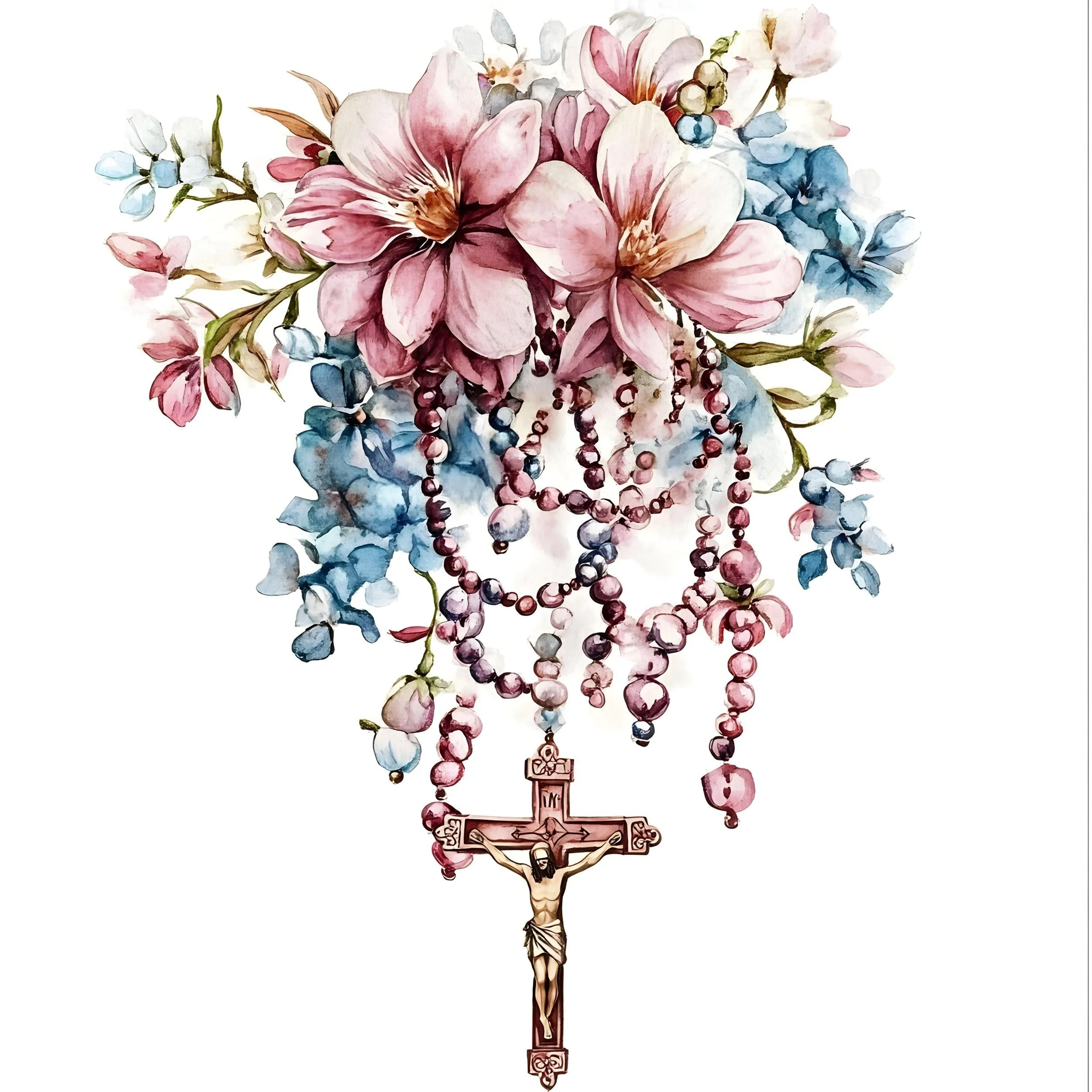 A watercolor painting of a tree with pink, blue, and white flowers and a brown trunk, topped with hanging pink, purple, and red beads and a small house-shaped charm.