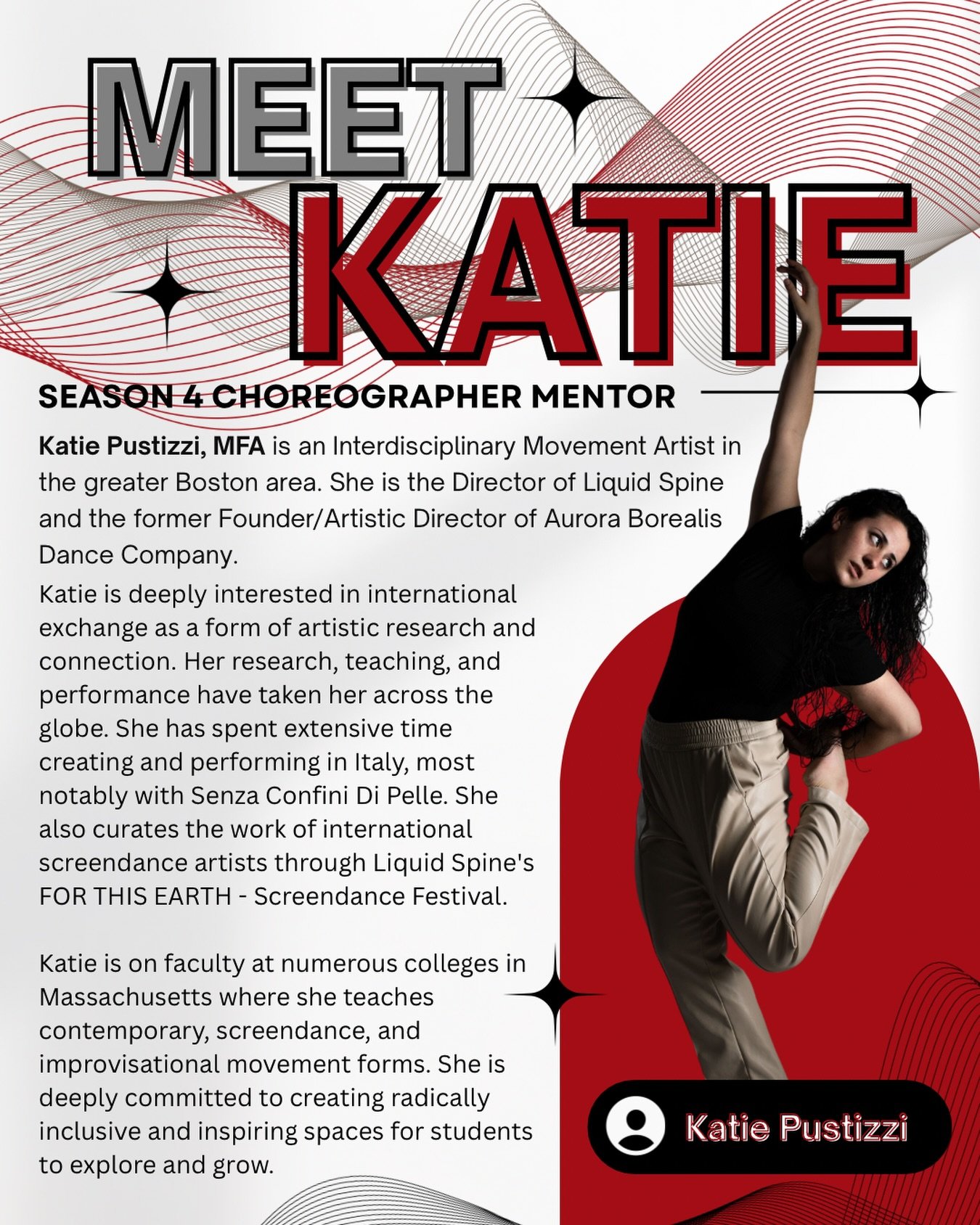 We're halfway through Season 4! Do you know what that means? It's time for feedback sessions with many of our fabulous choreographers. This season, we are SO LUCKY to have Katie Pustizzi as our choreographer mentor. 

Katie Pustizzi, MFA is an Interd