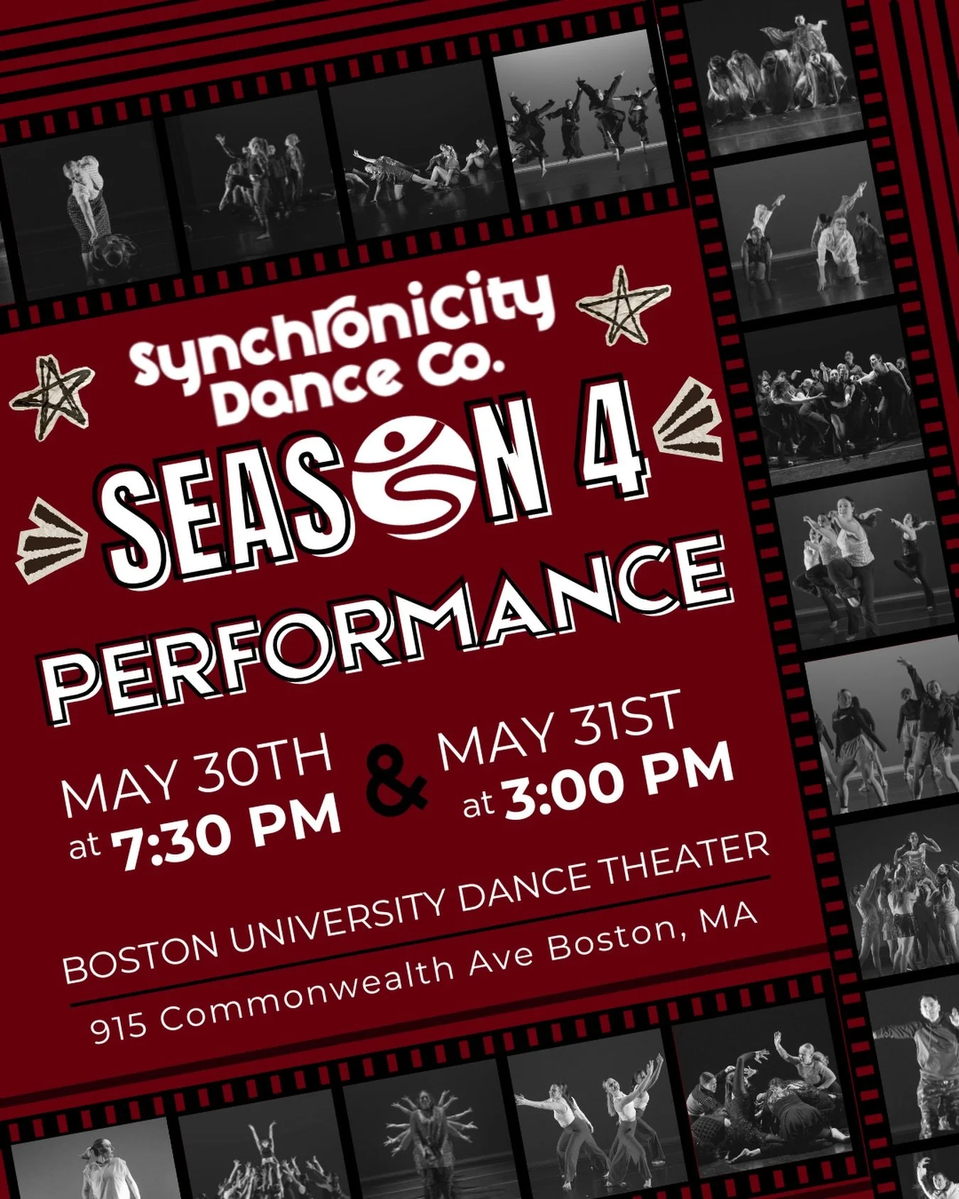 SAVE THE DATE &amp; LET'S DANCE!!!
Ticket's for SynchroniCity Dance Co.'s Season 4 performance go on sale MONDAY, APRIL 27TH AT 12PM.
Join us on May 30th and 31st, 2026, when debut a whole show of fabulous new works at the BU Dance Theater. Our dance