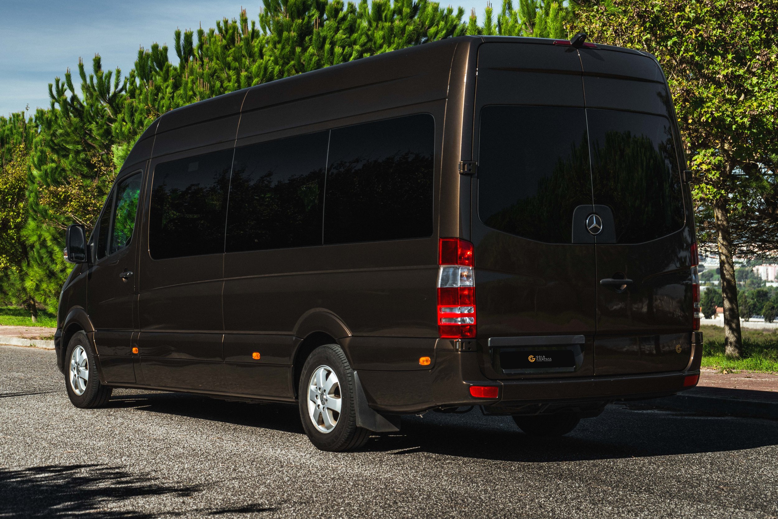 Furgão preto Mercedes-Benz estacionado em rua com árvores verdes ao fundo.
