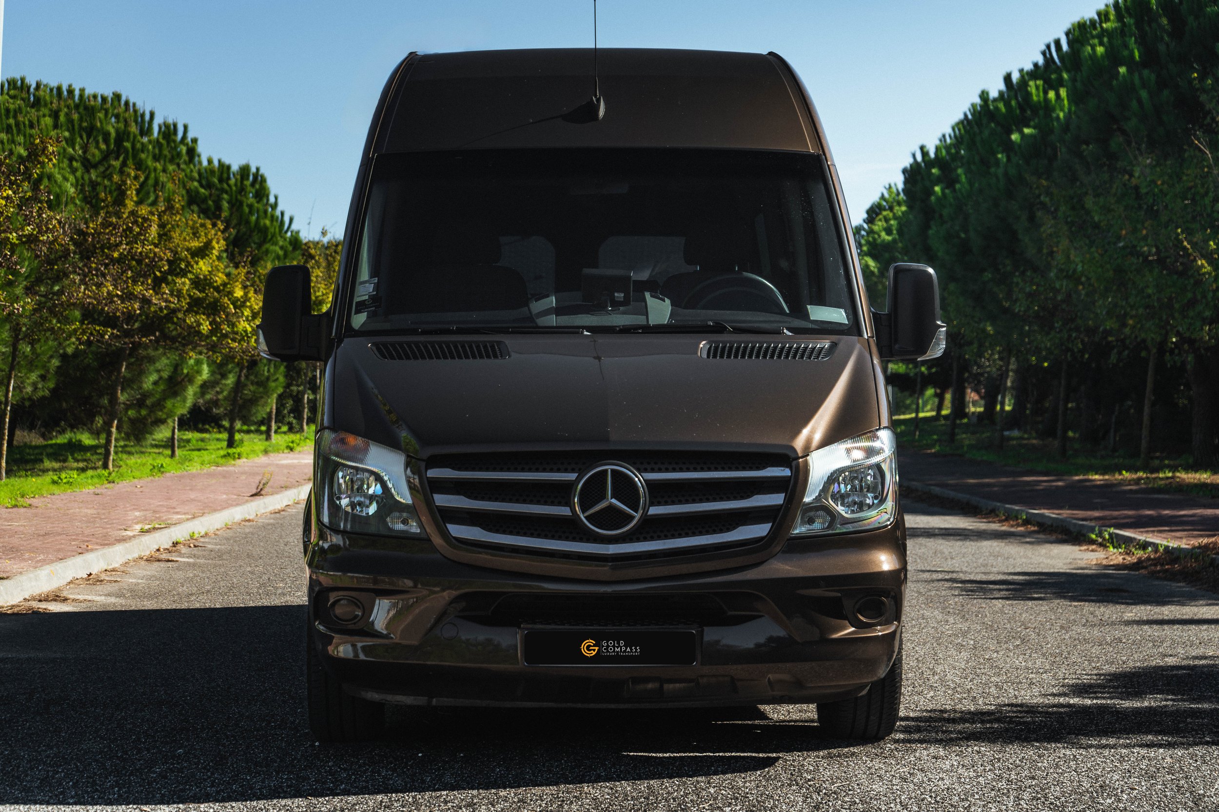 Furgão preto Mercedes-Benz visto de frente em uma rua com árvores ao fundo.