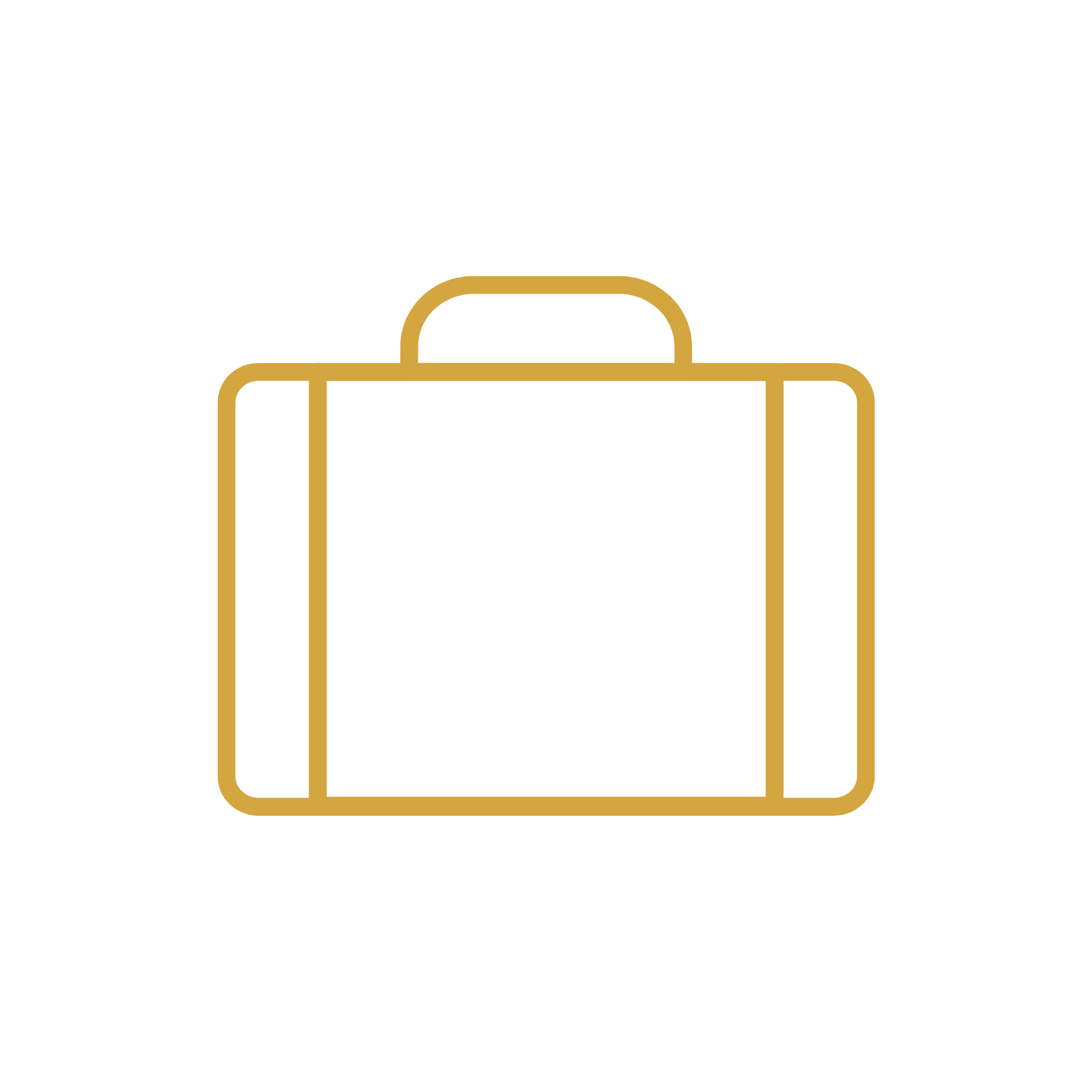 Ícone minimalista de uma mala de viagem dourada sobre fundo preto.