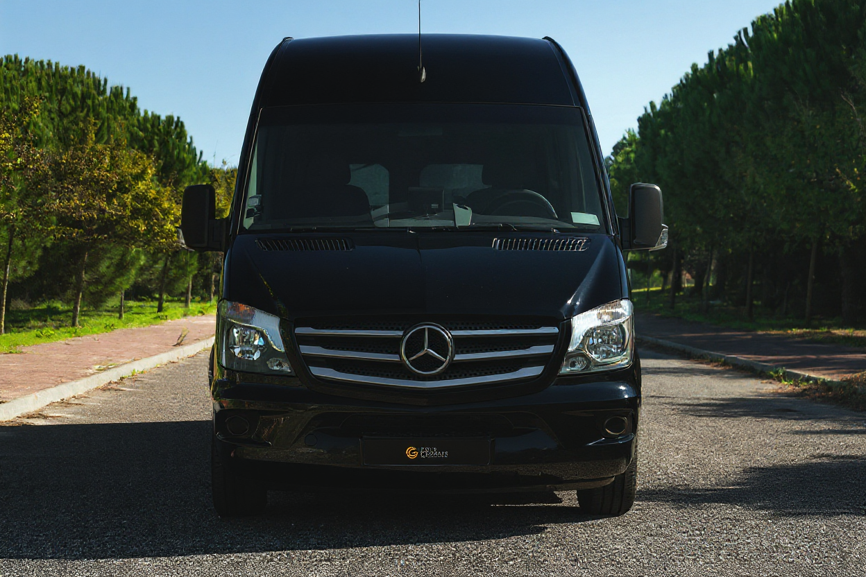 Furgão preto Mercedes-Benz estacionado na rua, com árvores verdes ao fundo.