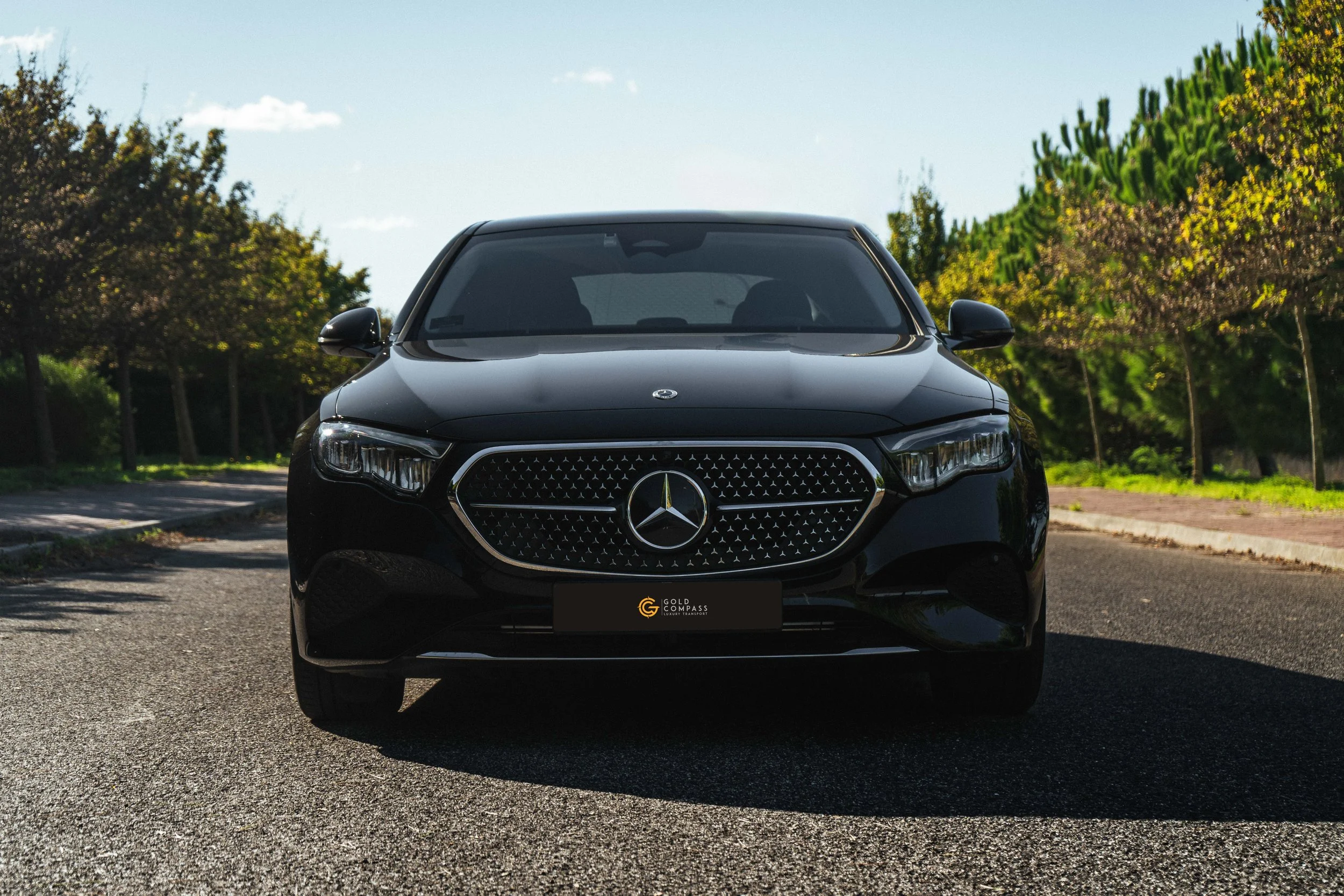 Carro preto elegante estacionado na rua, com árvores verdes ao fundo, sob céu claro.