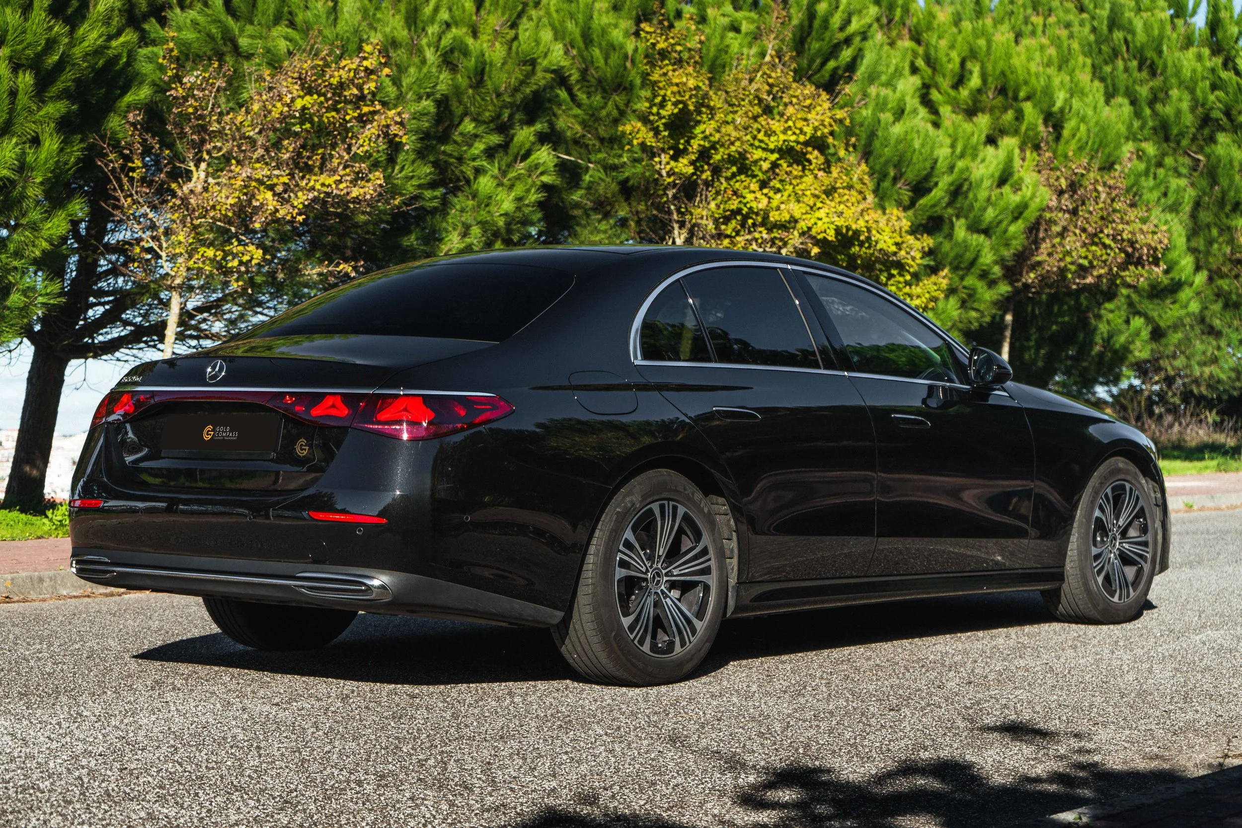 Carro preto Mercedes-Benz sedã estacionado na rua com árvores verdes ao fundo.
