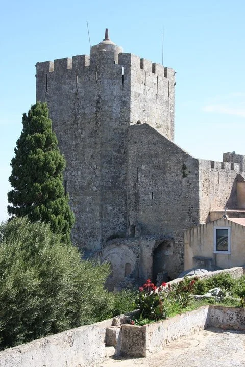 Imagem de uma torre de castelo de pedra com muralhas elevadas, cercada por árvores verdes e uma casa ao lado.