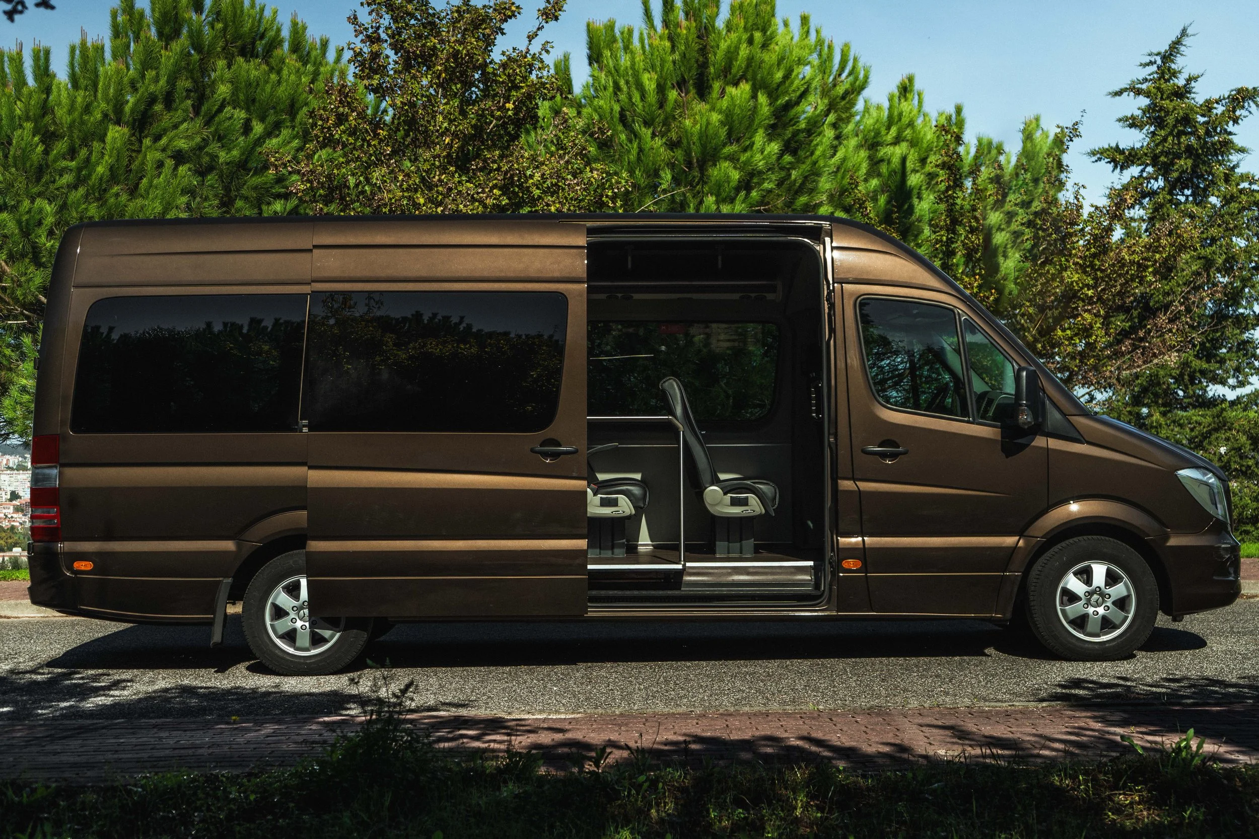 Van marrom estacionada na rua, com portas abertas na lateral, e assentos internos visíveis, com árvores verdes ao fundo.
