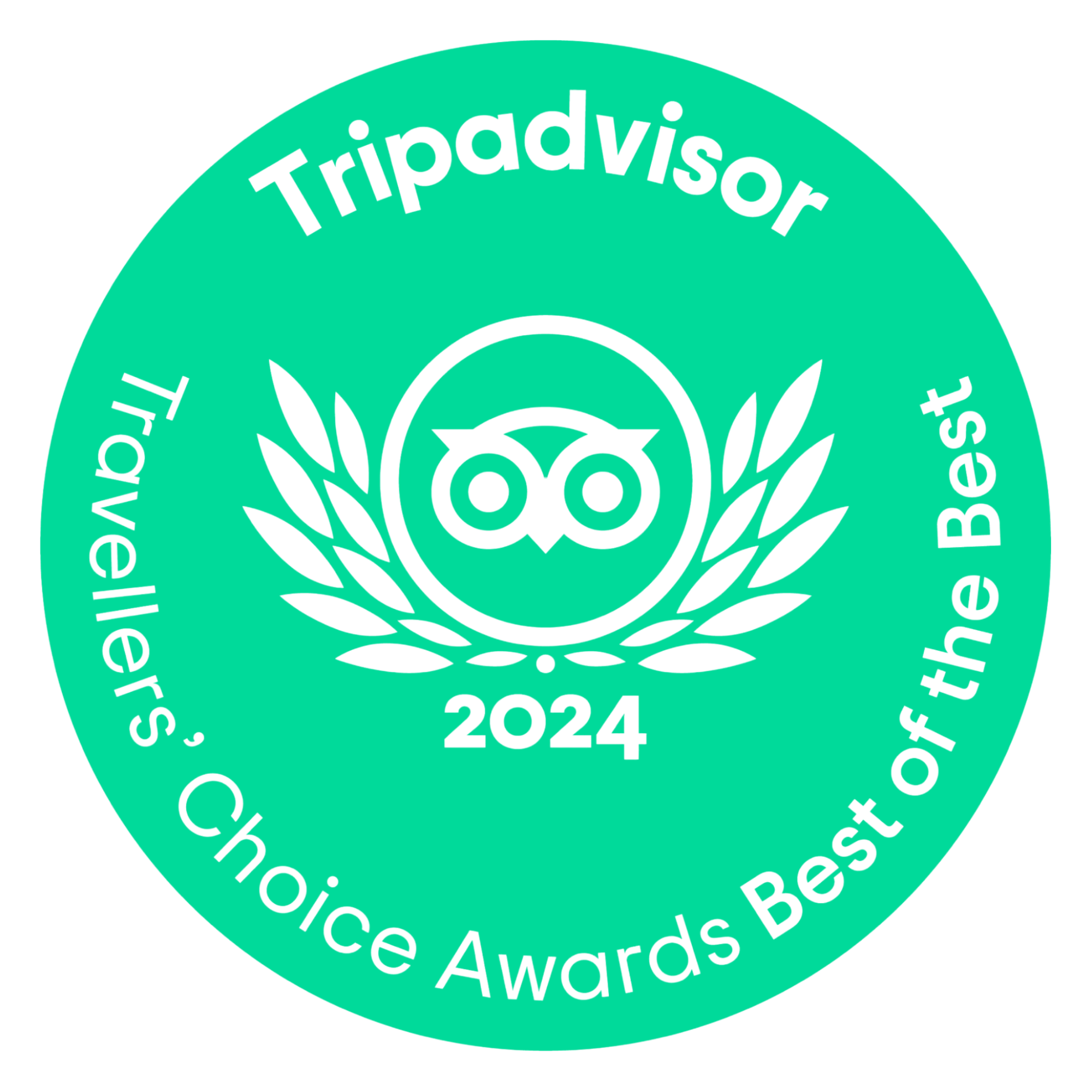 Logotipo circular de selo de certificação do TripAdvisor com um símbolo de óculos de binóculos no centro, cercado por folhas, e texto em volta que diz 'Tripadvisor' na parte superior e 'Choice Awards Best of the Best 2024' na parte inferior.