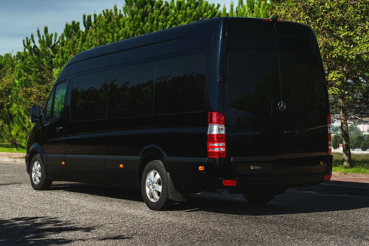 Van Mercedes-Benz preta estacionada na rua com árvores ao fundo.