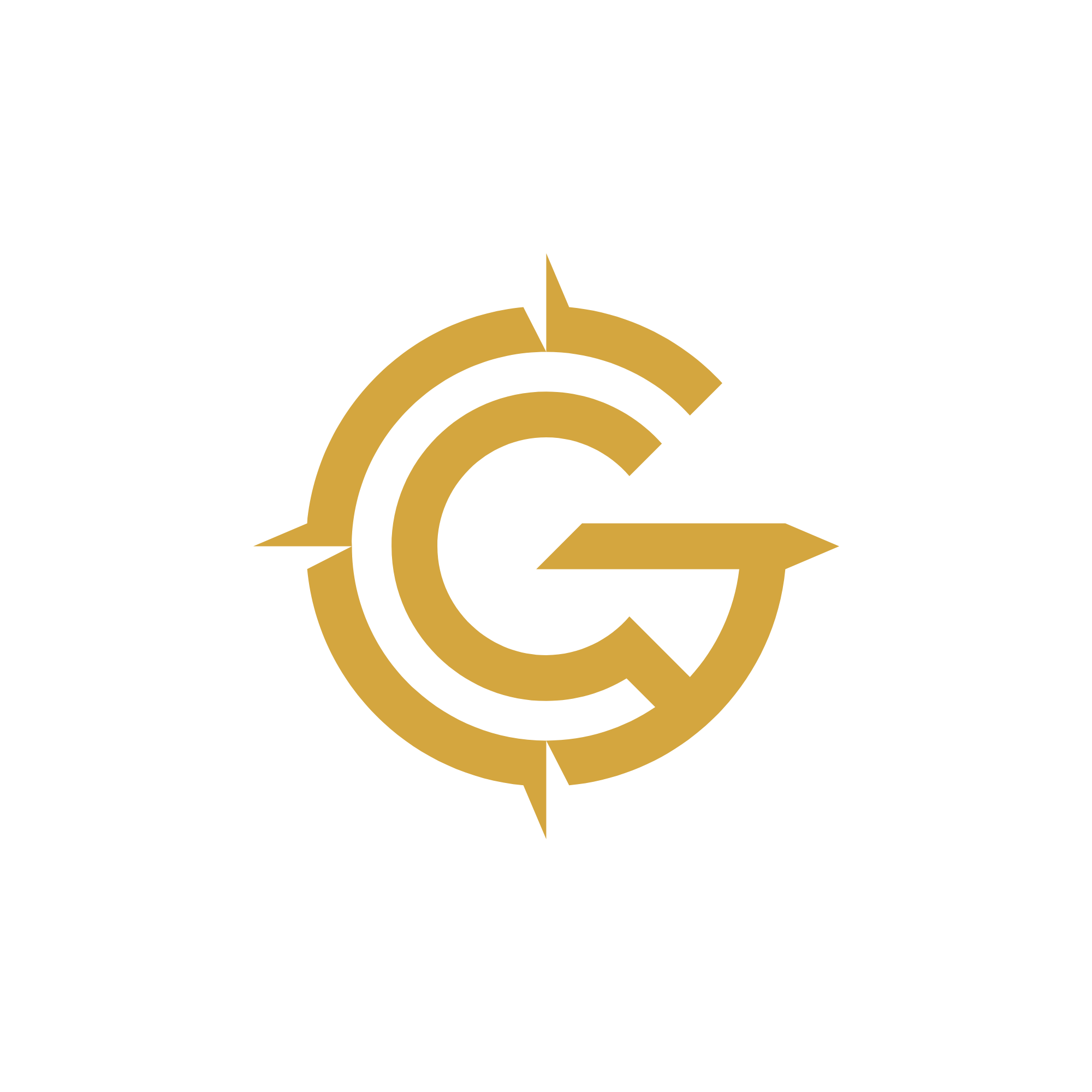 Logotipo com uma letra G dourada, cercada por uma cruz de bússola, sobre fundo preto.