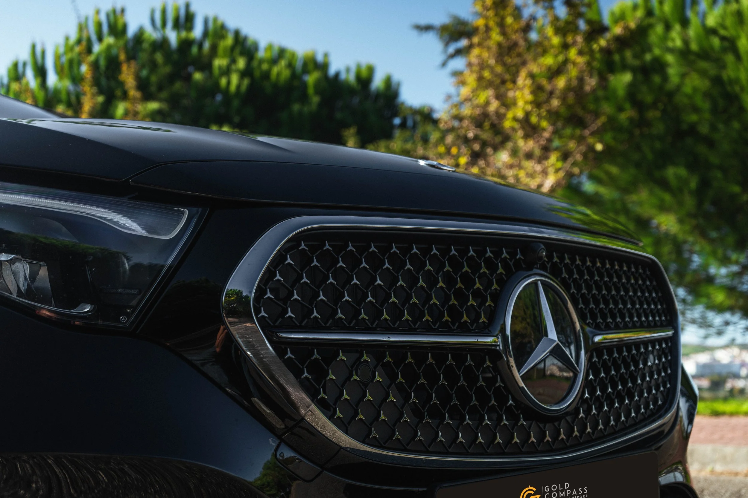Close-up da grade frontal de um carro preto Mercedes-Benz com logo de estrela no centro, árvores verdes ao fundo e céu azul.