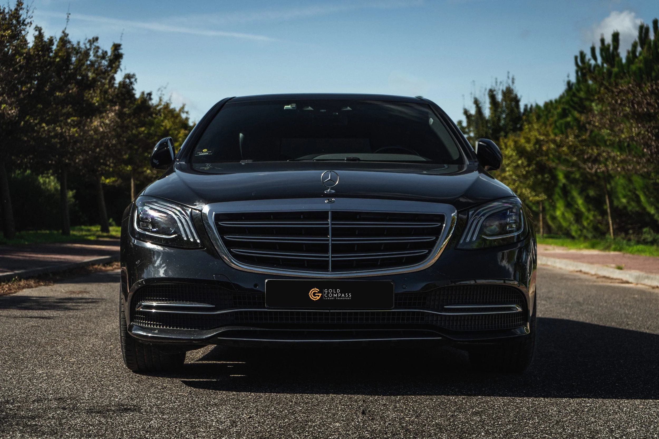 Carro preto, modelo sedan, estacionado na rua, com árvores ao fundo e céu claro.