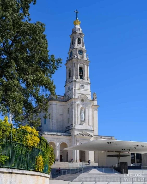 Igreja de Catedral com torre alta e cruz no topo, cercada por árvores verdes e flores amarelas, sob céu azul.