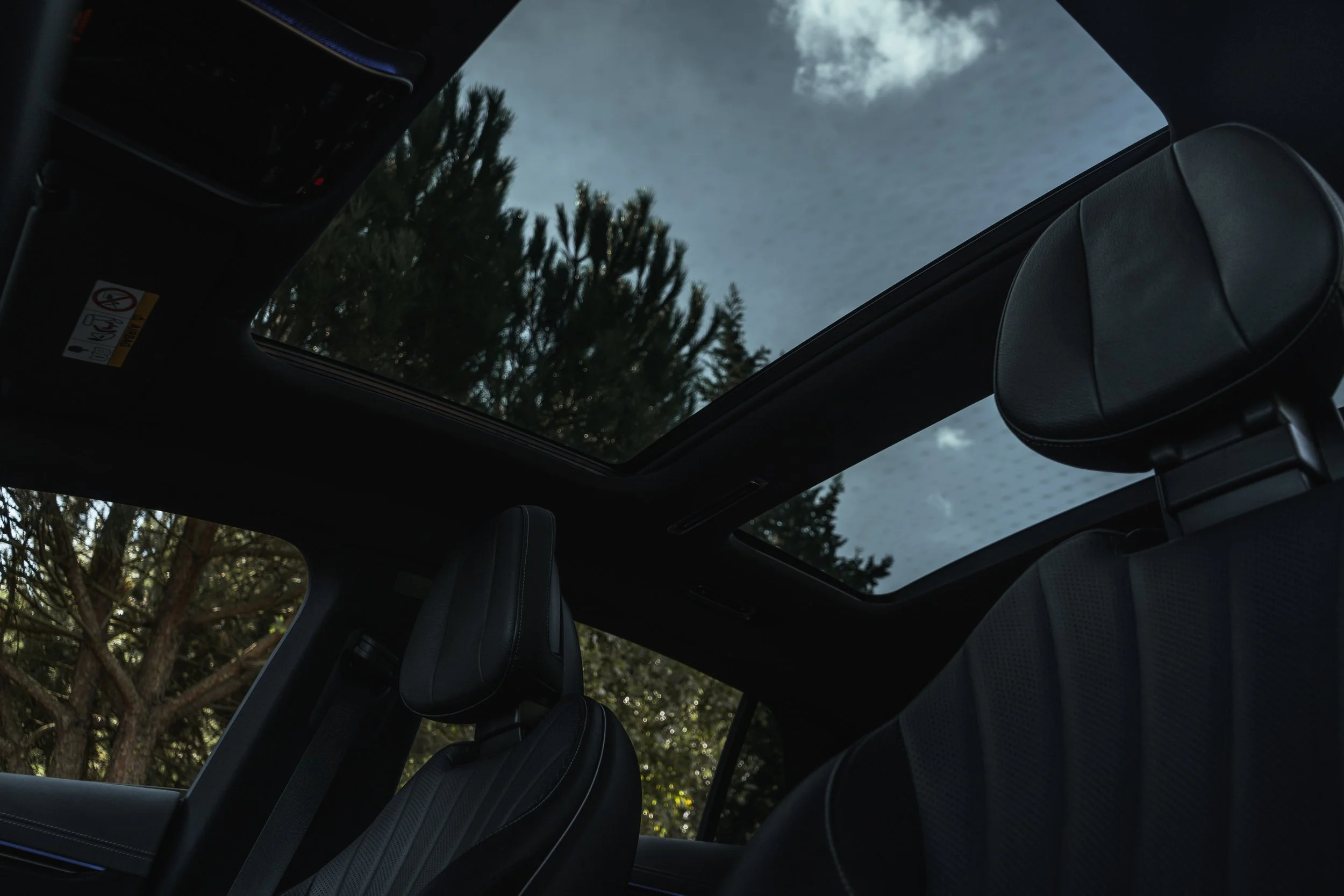 Interior de um carro com teto de vidro panorâmico, mostrando árvores e céu nublado acima.