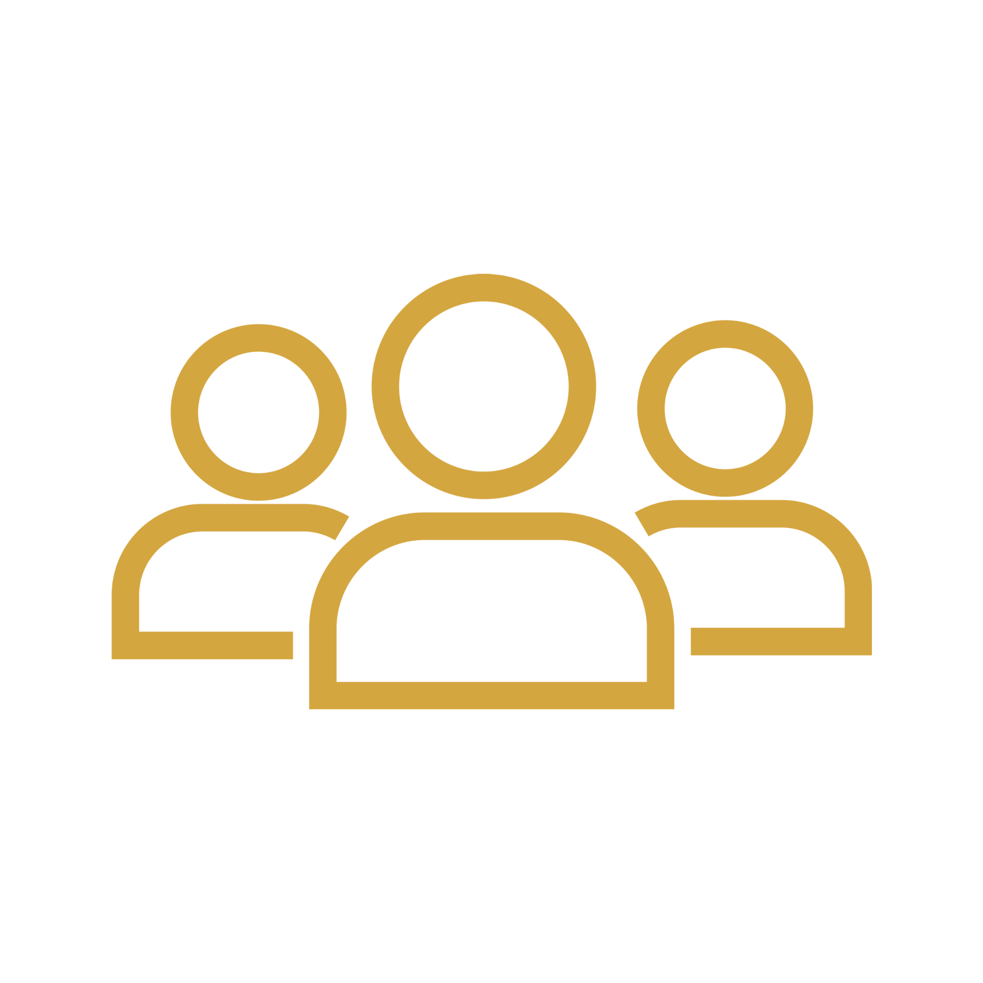 Ícone minimalista de três figuras humanas em cor dourada, simbolizando um grupo ou equipe.