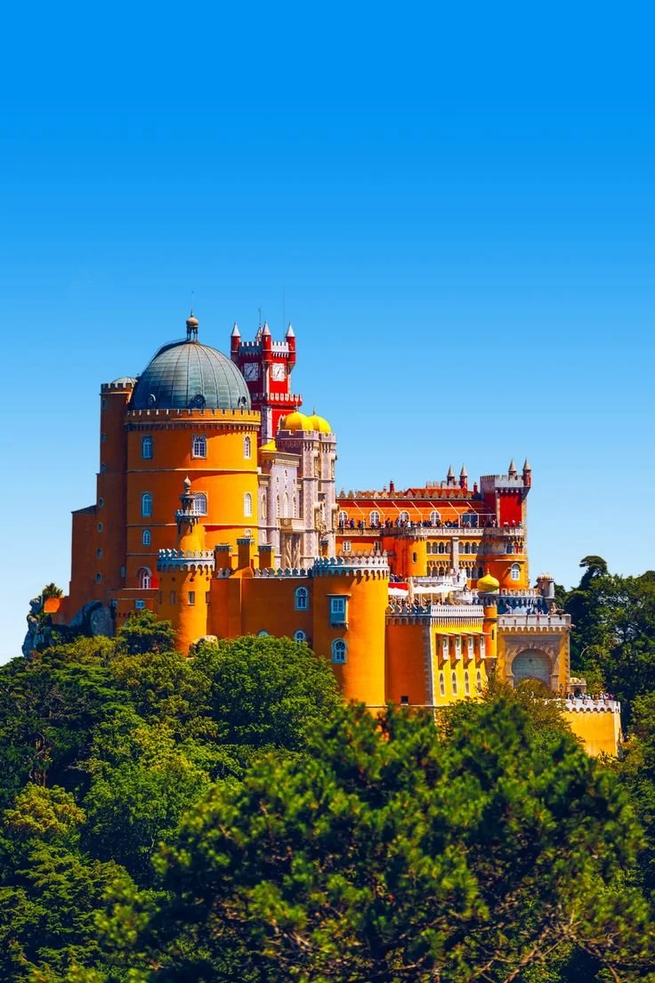 Castelo colorido com torres e muralhas, situado em uma área arborizada com céu azul ao fundo.