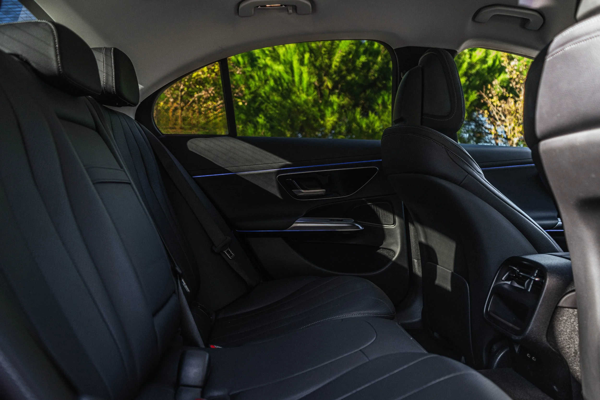 Interior de um carro com assentos de couro preto e janela que mostra árvores verdes ao fundo.