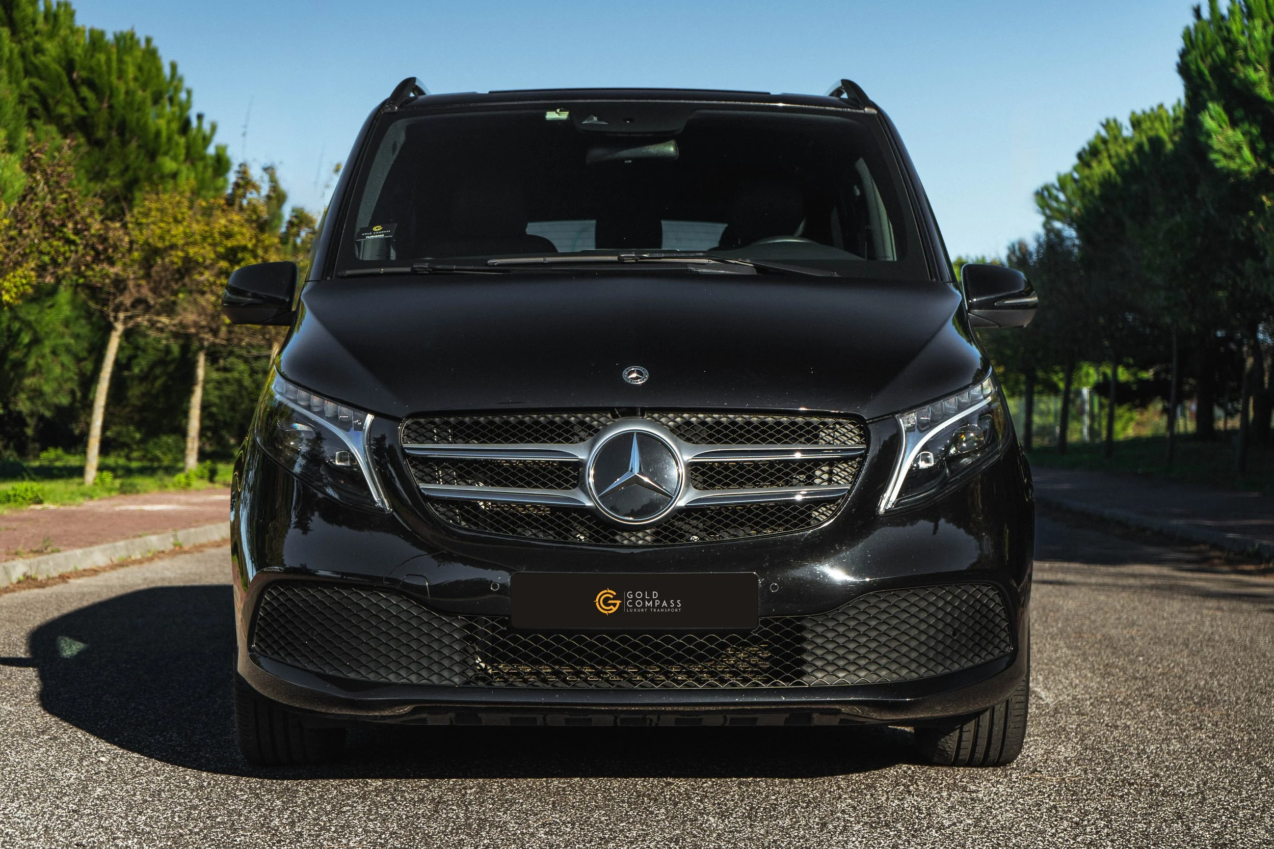 Carro preto Mercedes-Benz estacionado na rua, com árvores verdes ao fundo.