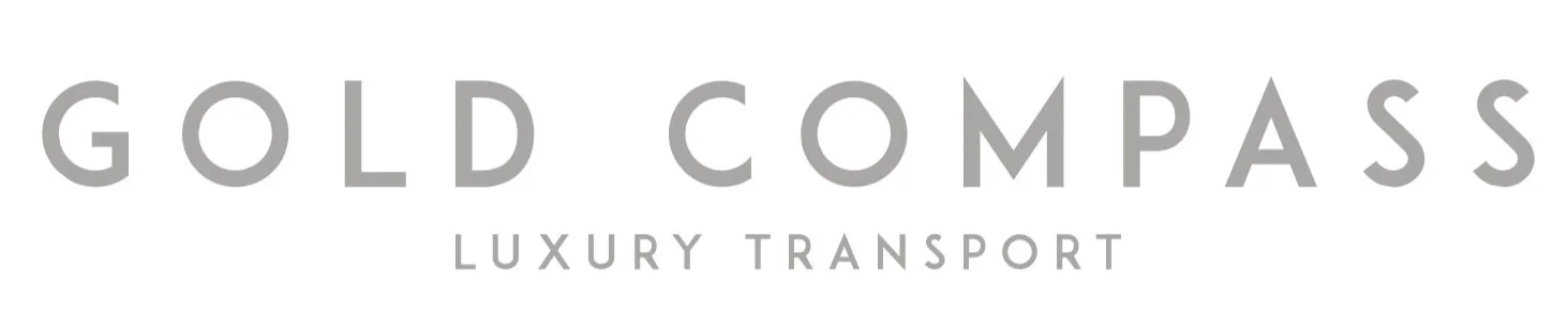 Logotipo com texto 'GOLD COMPASS' e subtítulo 'LUXURY TRANSPORT' em cinza.