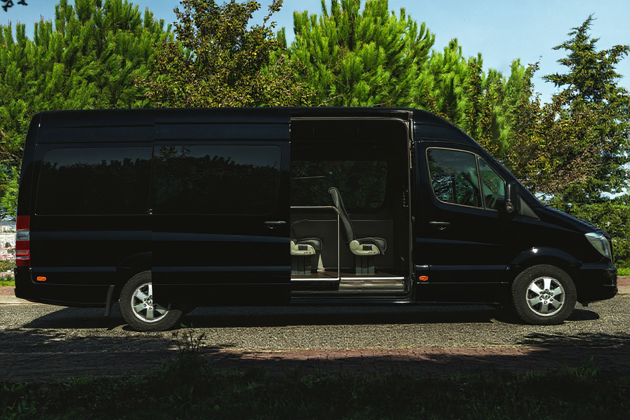 Van preta estacionada na rua, com uma das portas traseiras aberta, mostrando dois assentos internos esquerda e direita, ao fundo árvores verdes.