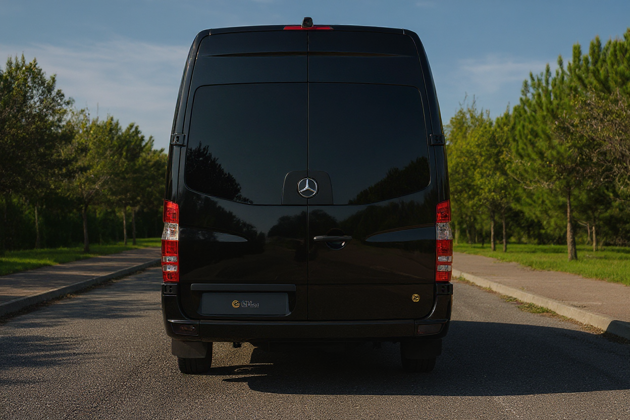 Fundo de uma van Mercedes-Benz preta estacionada em uma rua, com árvores verdes ao redor e céu parcialmente nublado ao fundo.