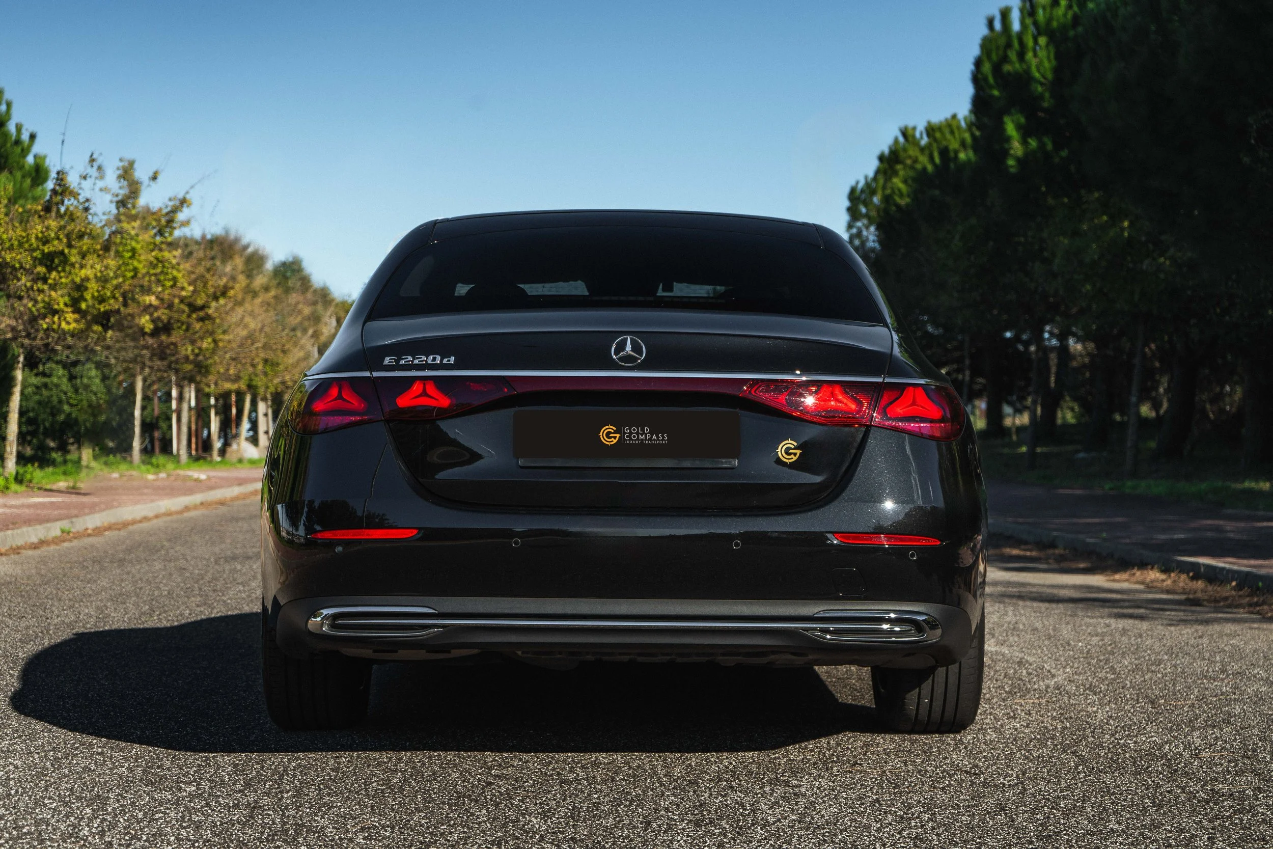 Fundo de carro preto Mercedes-Benz E220d estacionado na rua ao lado de árvores verdes em um dia ensolarado.