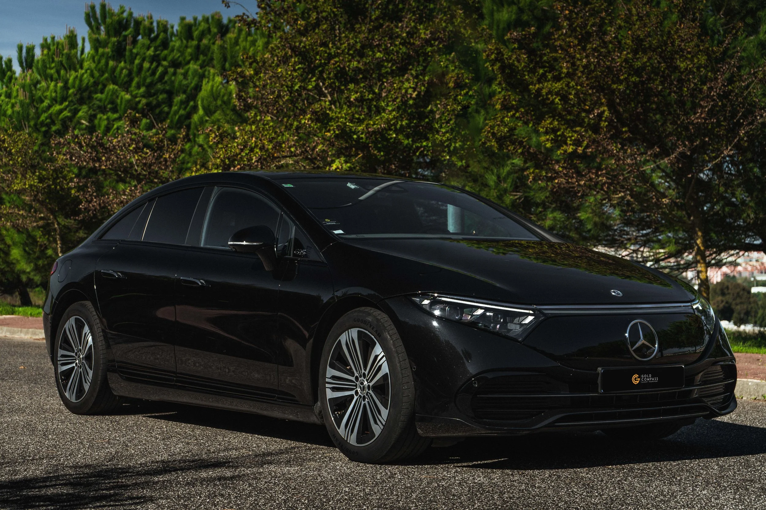 Carro Mercedes-Benz preto estacionado em uma rua com árvores verdejantes ao fundo.