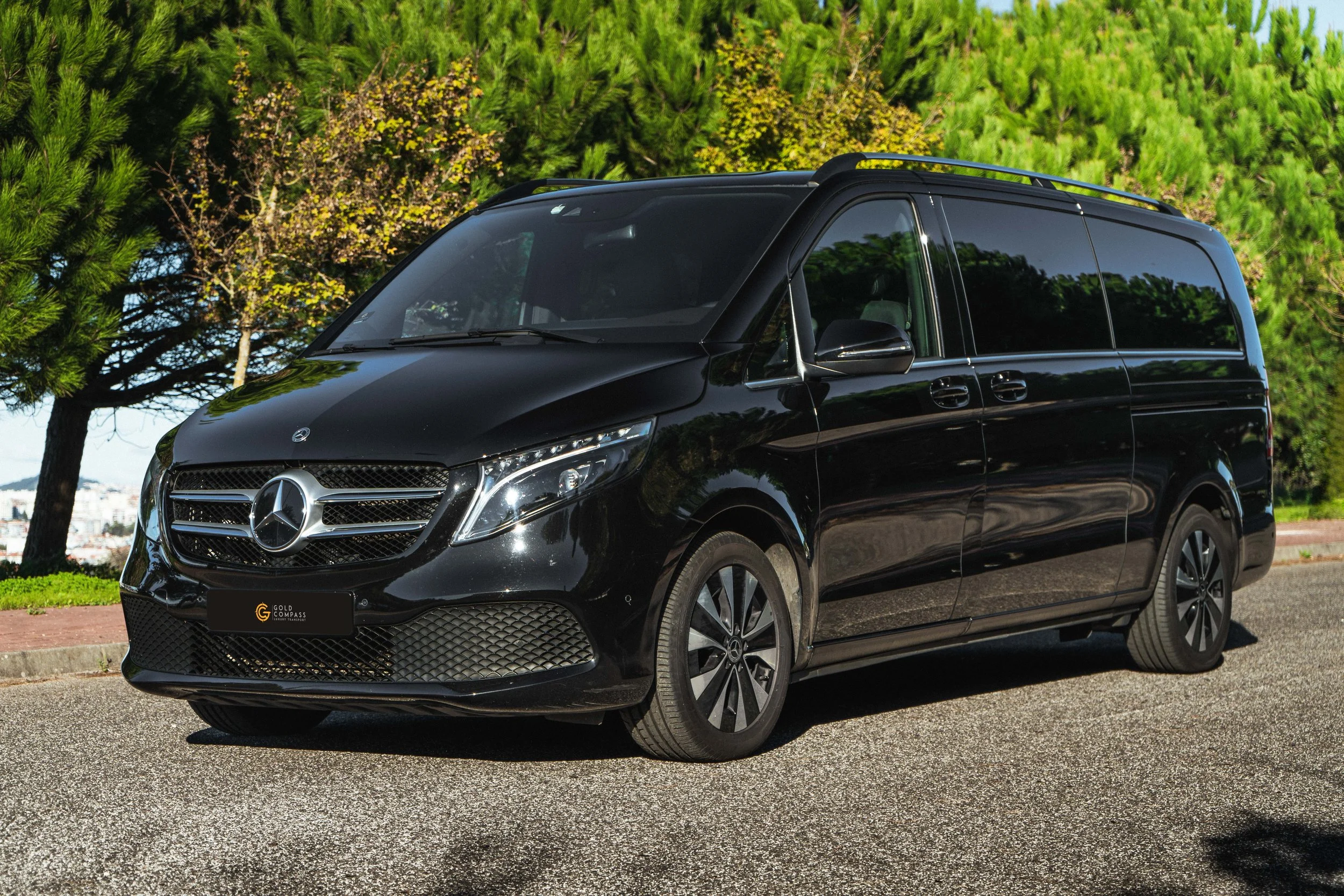 Van preta estacionada na rua com árvores verdes ao fundo.