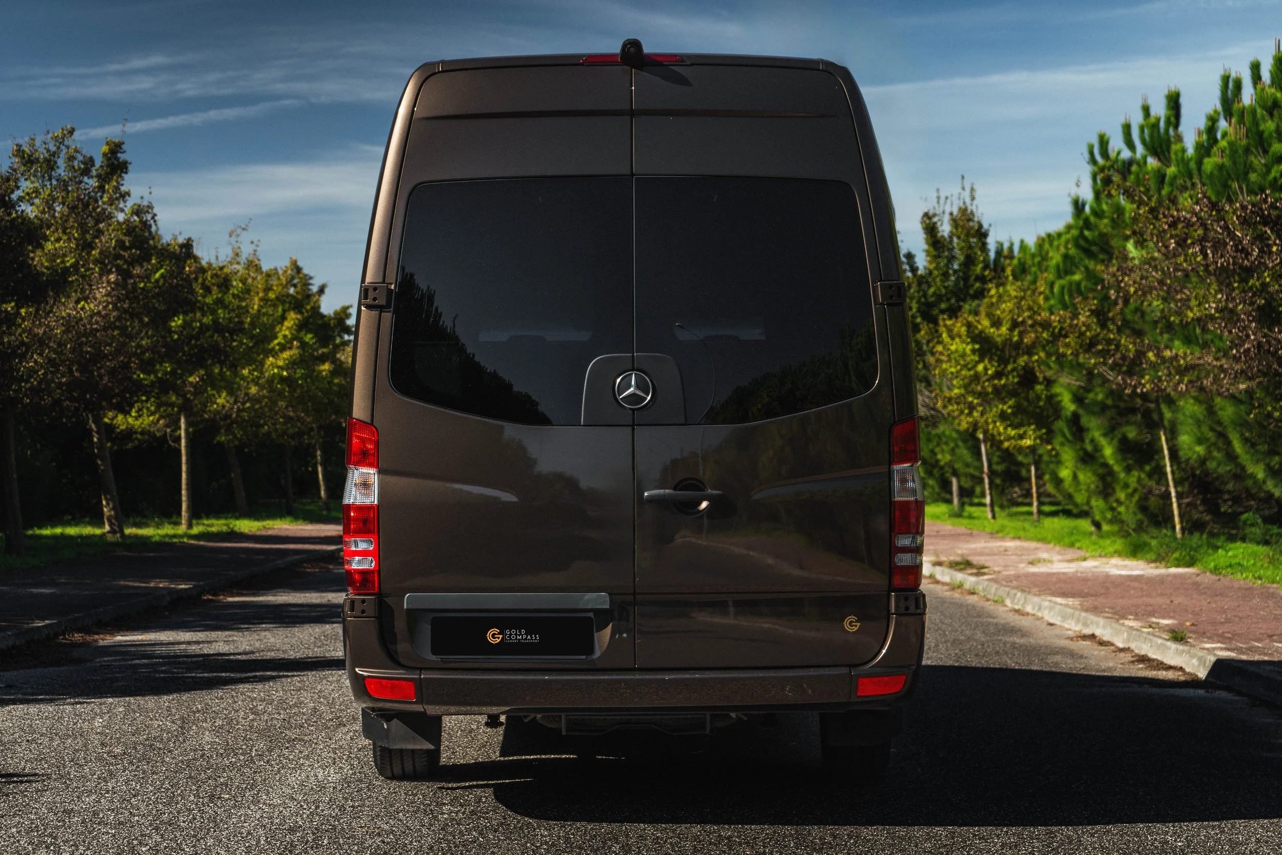 Furgão preto Mercedes-Benz estacionado em uma rua com árvores ao fundo.