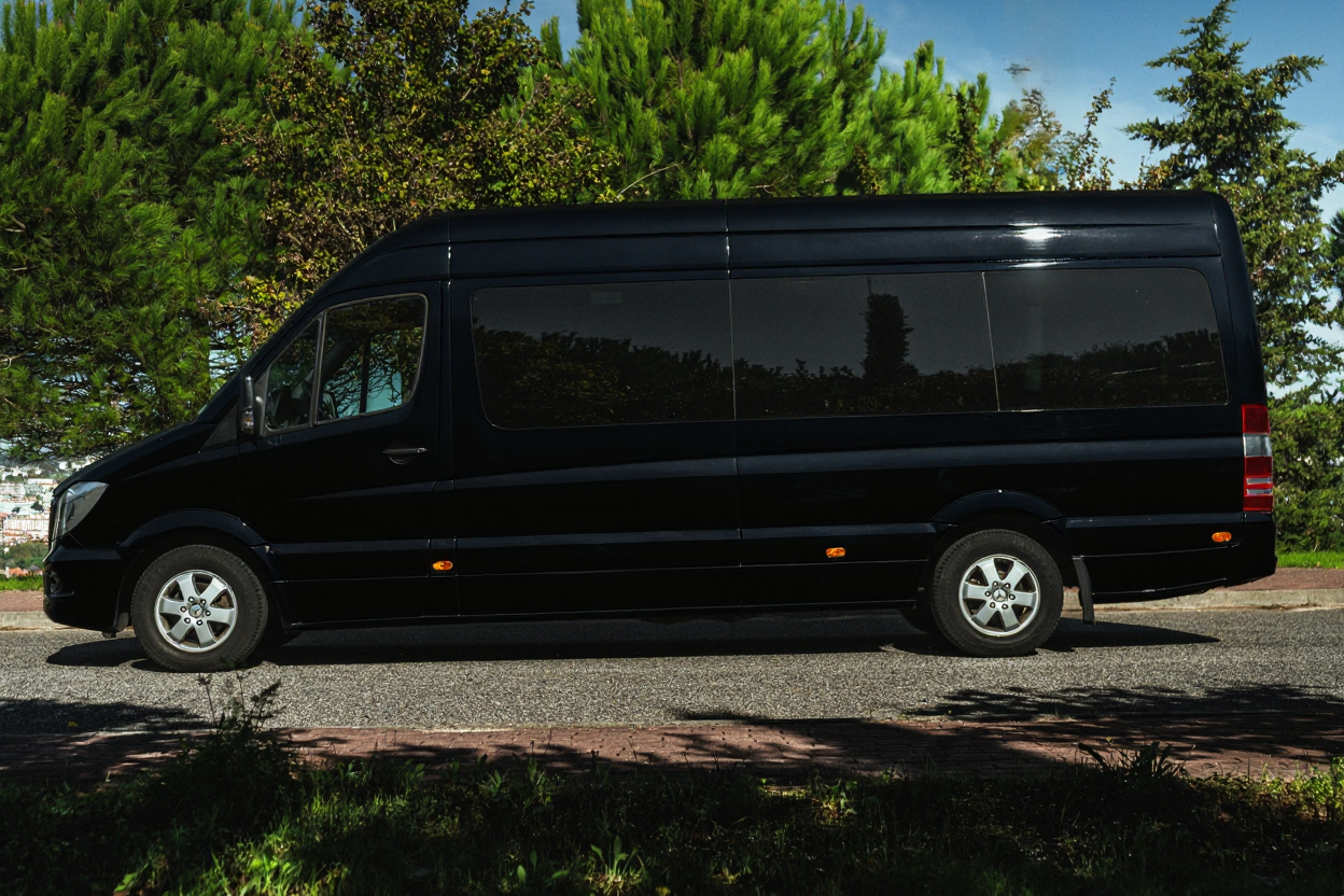 veículo de transporte de passageiros preto estacionado na rua com árvores verdes ao fundo