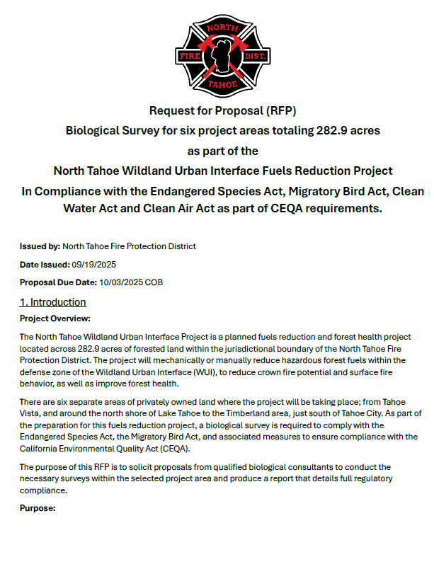 Request for Proposal - Biological Survey, Wildland Urban Interface Fuels Reduction Project