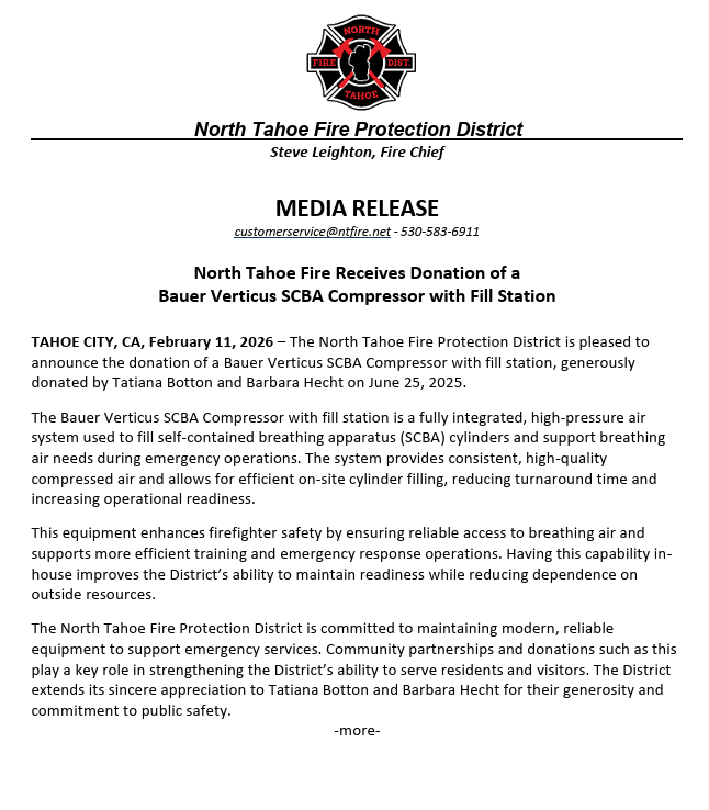 Media Release: North Tahoe Fire Receives Donation of a Bauer Verticus SCBA Compressor with Fill Station